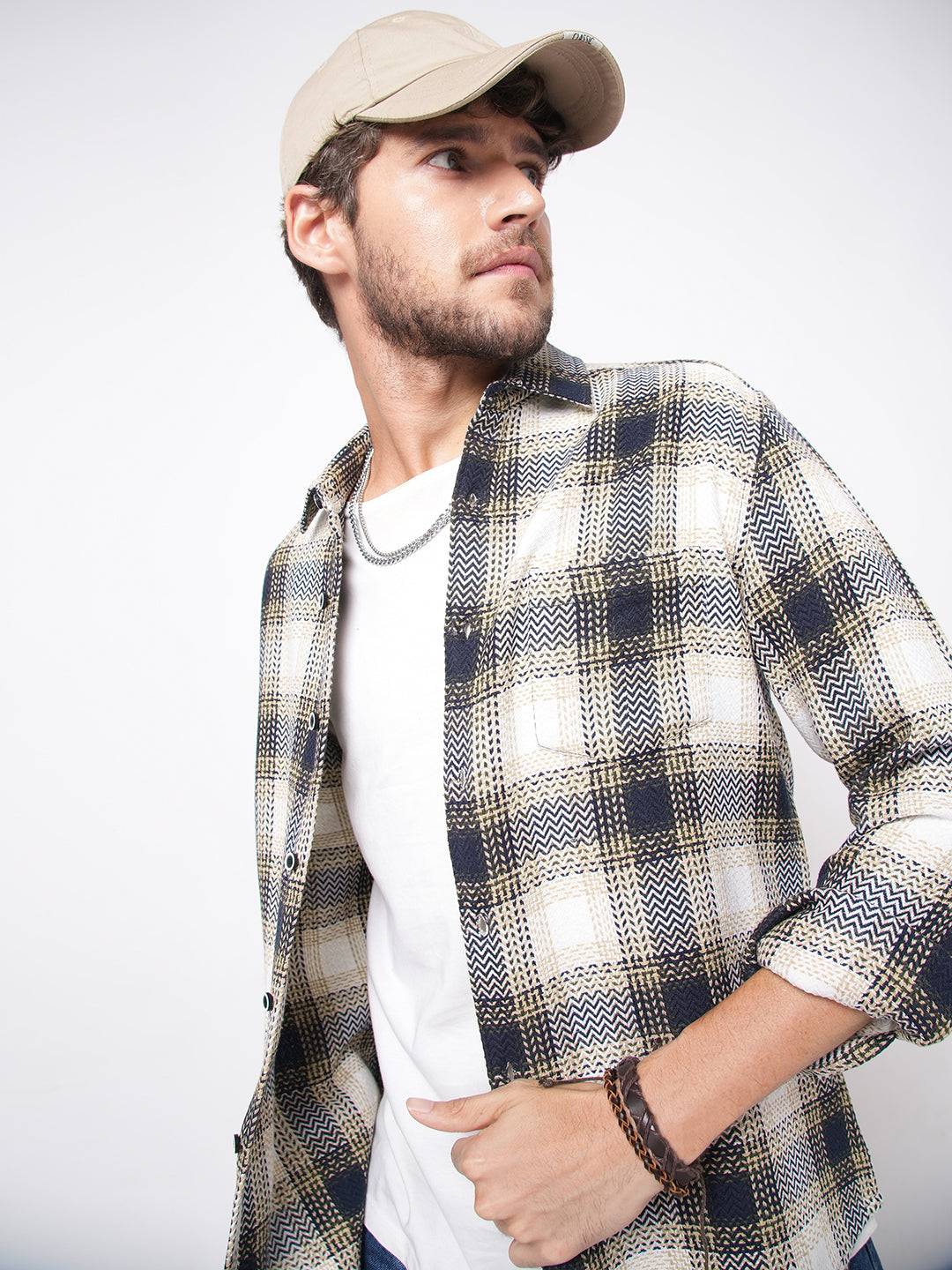 Off-White & Black Chevron Echo Tweed Checks Shirt Buy only at ₹699