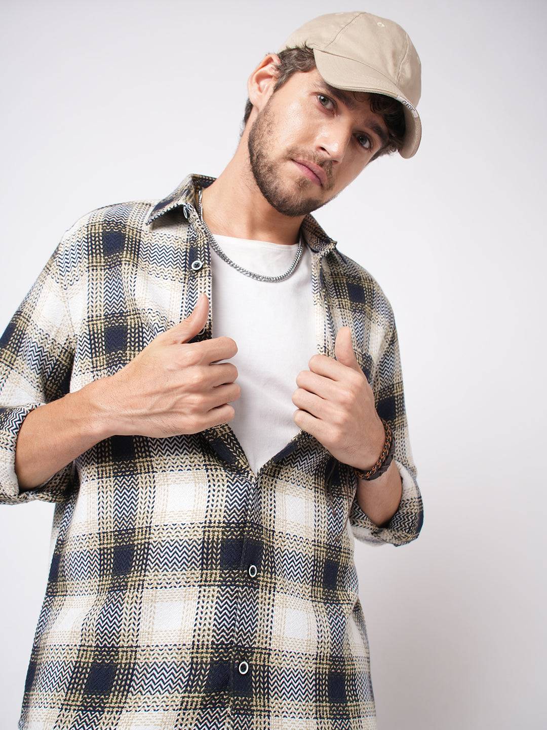 Off-White & Black Chevron Echo Tweed Checks Shirt Buy only at ₹699