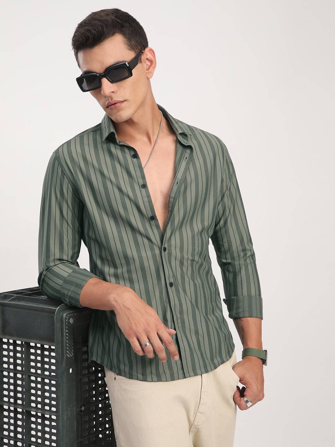 Classic Pullman Green Striped Shirt Buy only at ₹659
