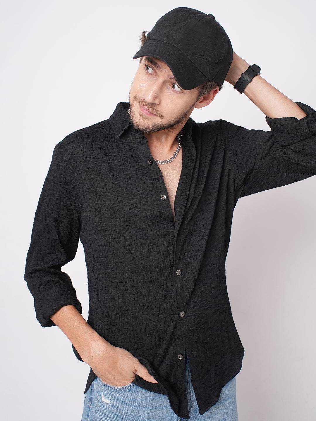 Deep Black Crinkled Textured Shirt Buy only at ₹699