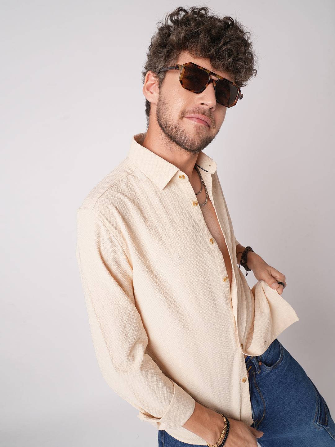 Oyster Cream Geometric Textured Shirt Buy only at ₹699