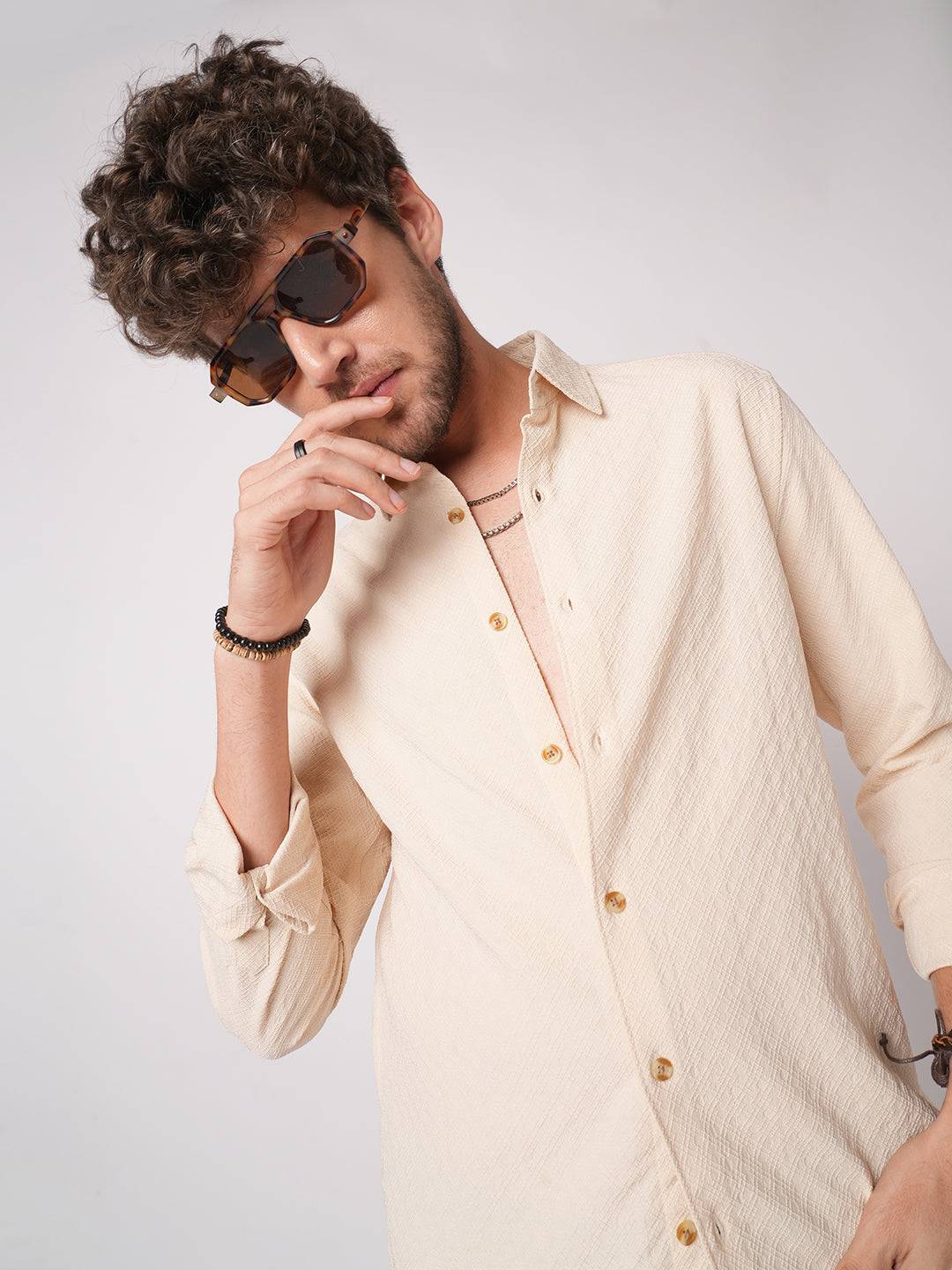 Oyster Cream Geometric Textured Shirt Buy only at ₹699