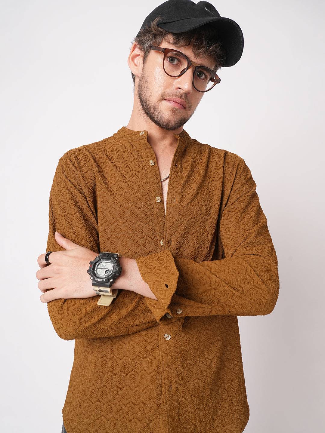 Sepia Brown Textured Mandarin Shirt Buy only at ₹699