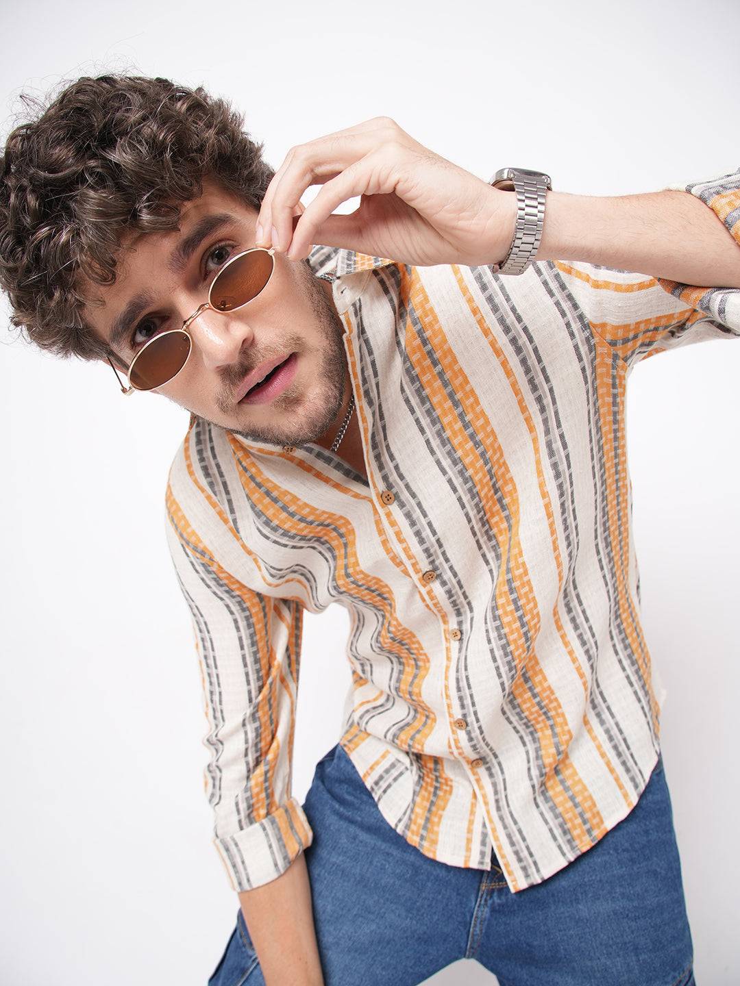 Stylish Multicolor Dobby Striped Shirt Buy only at ₹699