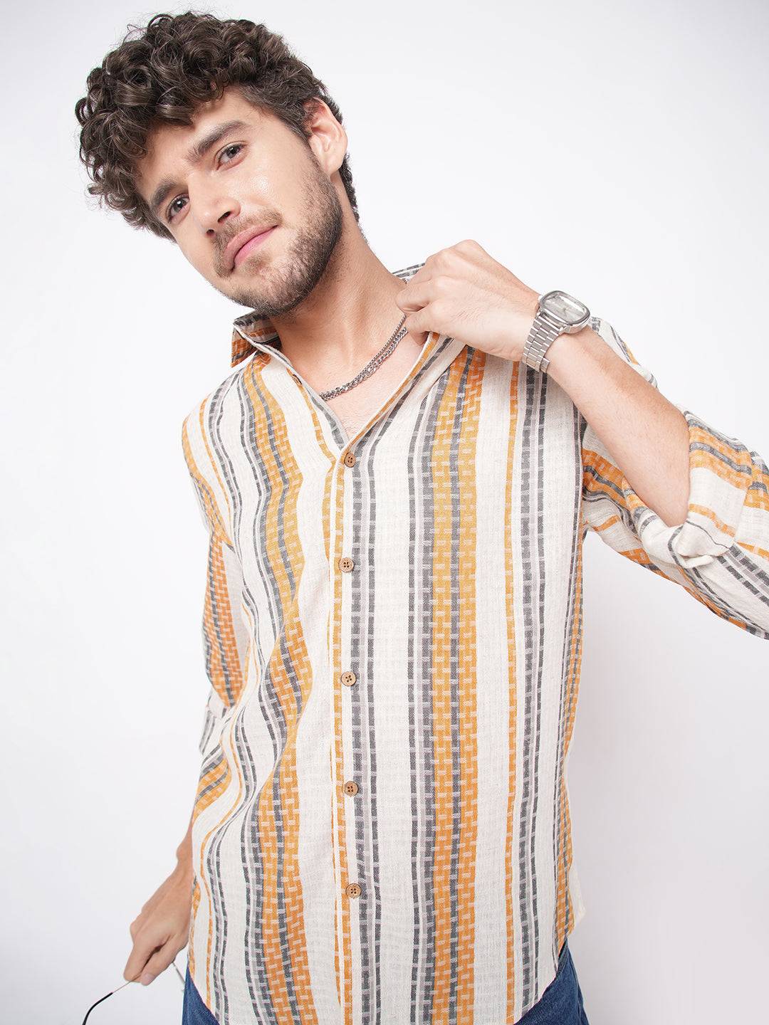 Stylish Multicolor Dobby Striped Shirt Buy only at ₹699