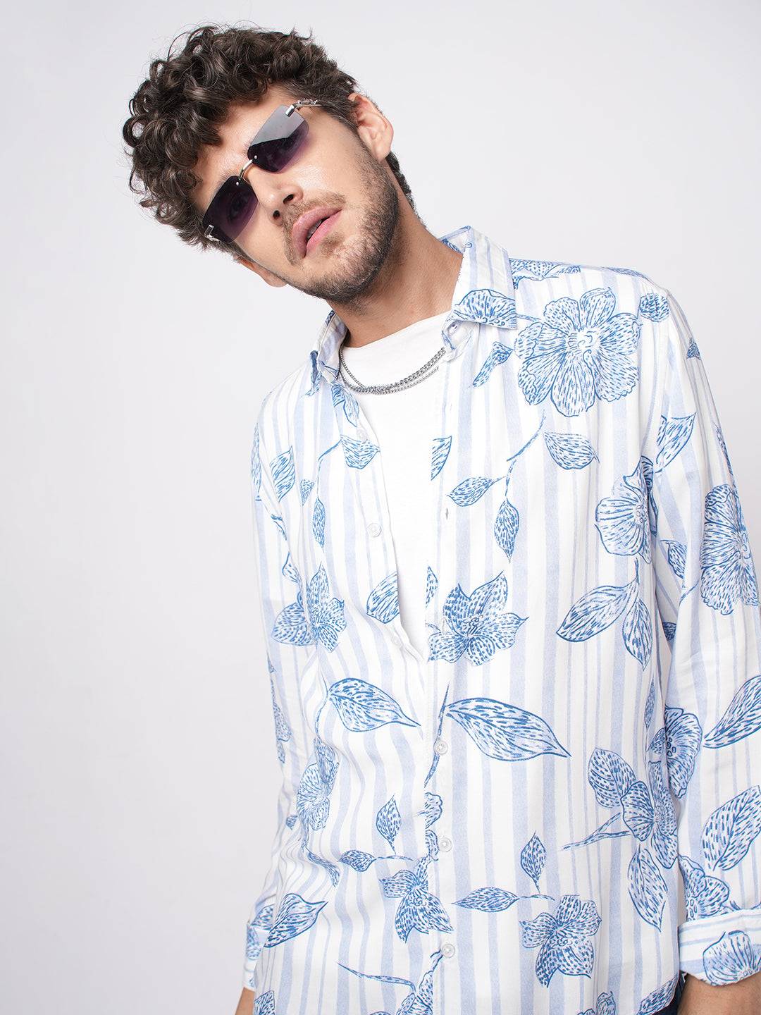 White & Blue Striped Floral Printed Shirt Buy only at ₹659