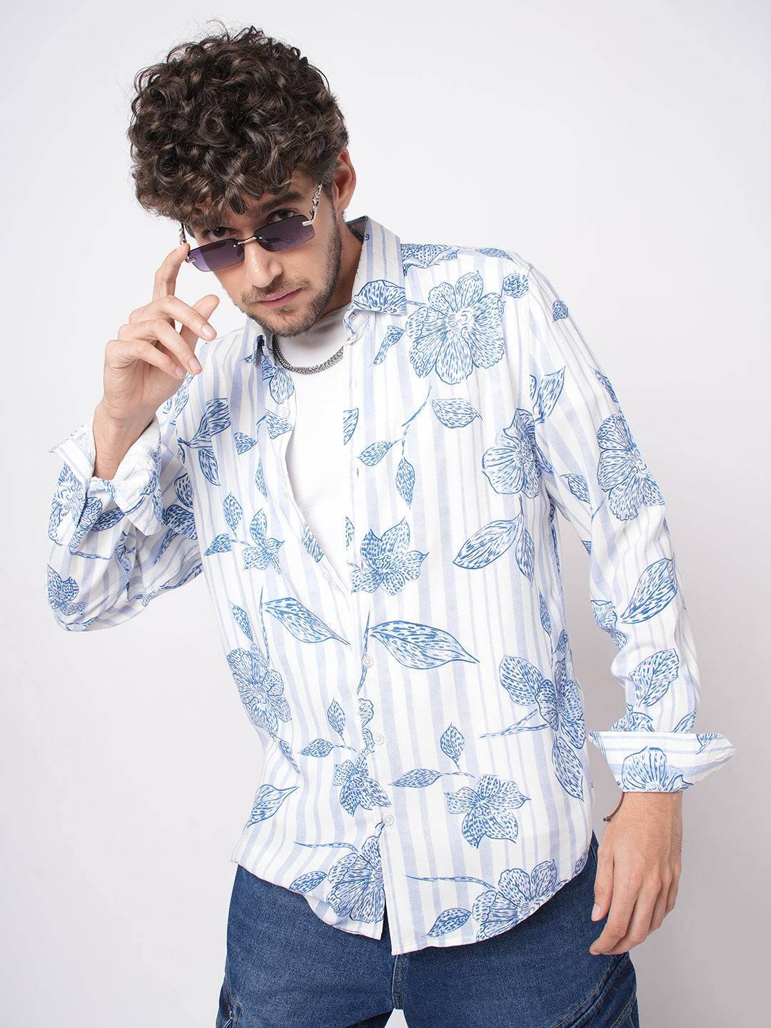 White & Blue Striped Floral Printed Shirt Buy only at ₹659