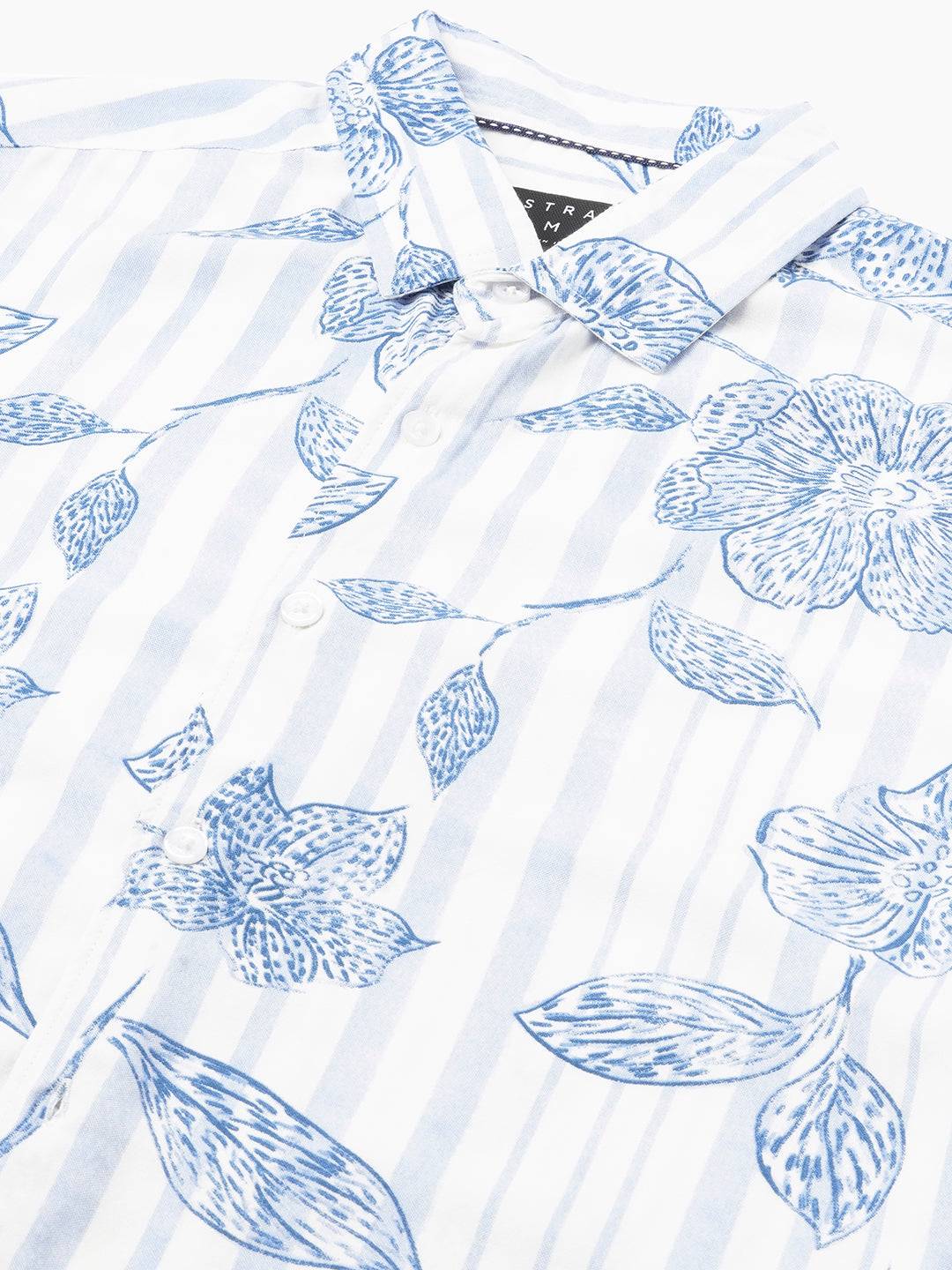 White & Blue Striped Floral Printed Shirt Buy only at ₹659