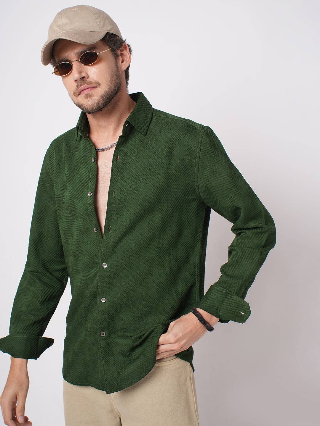 Forest Green Diagonal Striped Textured Shirt Buy only at ₹759