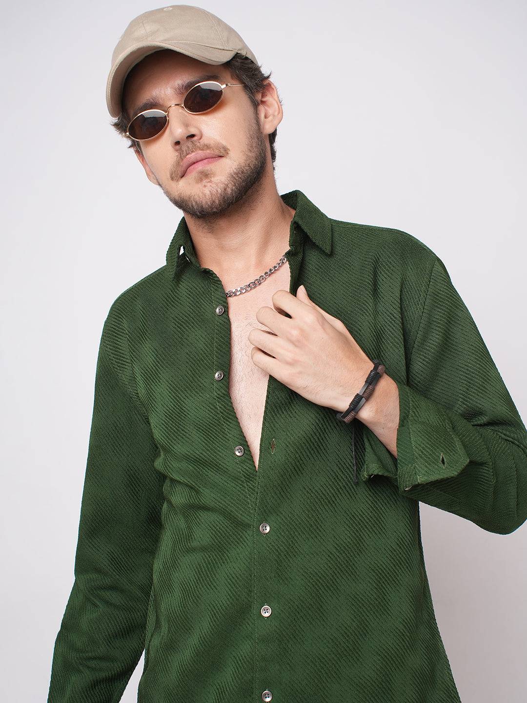 Forest Green Diagonal Striped Textured Shirt Buy only at ₹759