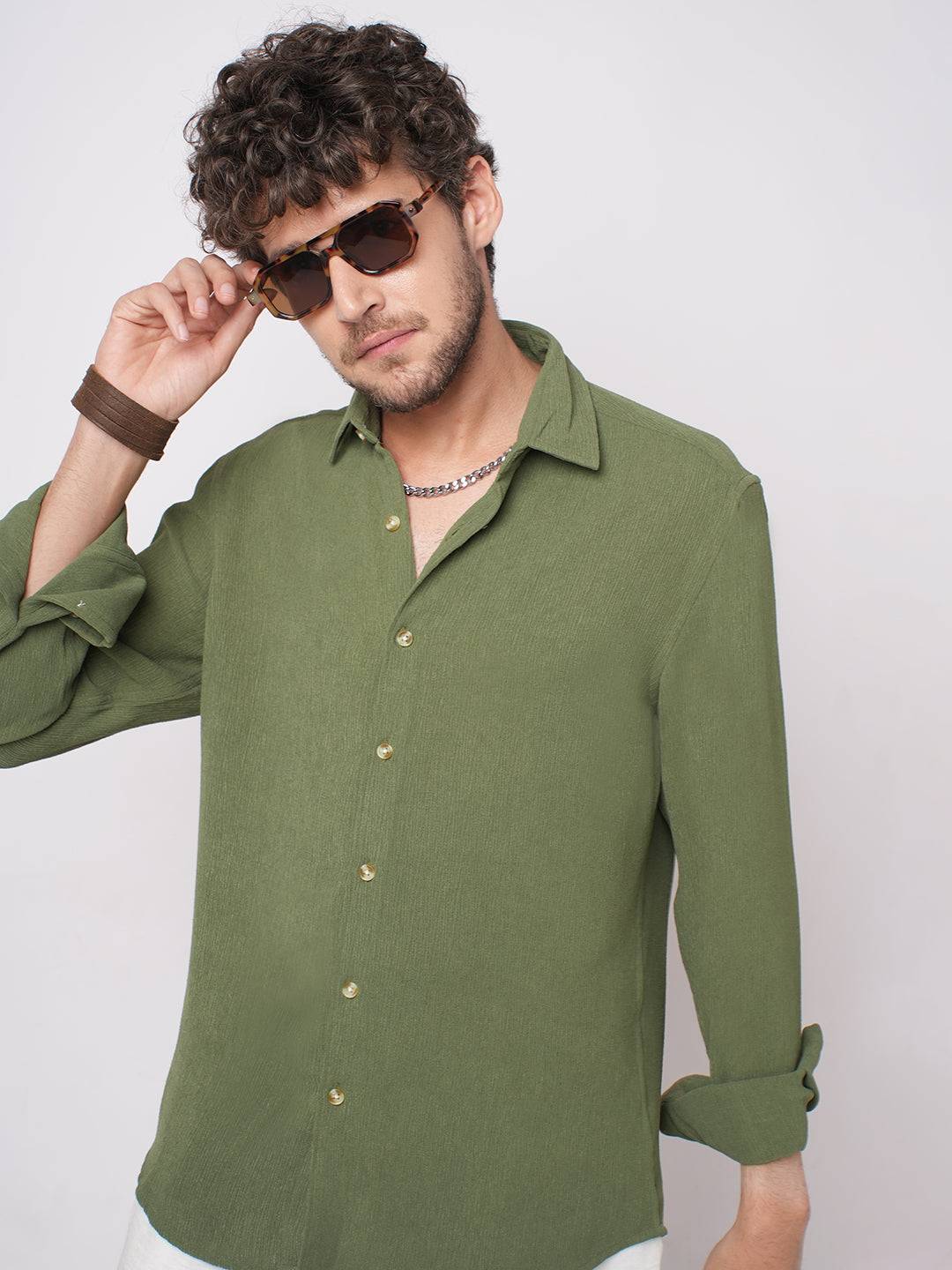 Crushed Olive Textured Crepe Shirt Buy only at ₹699