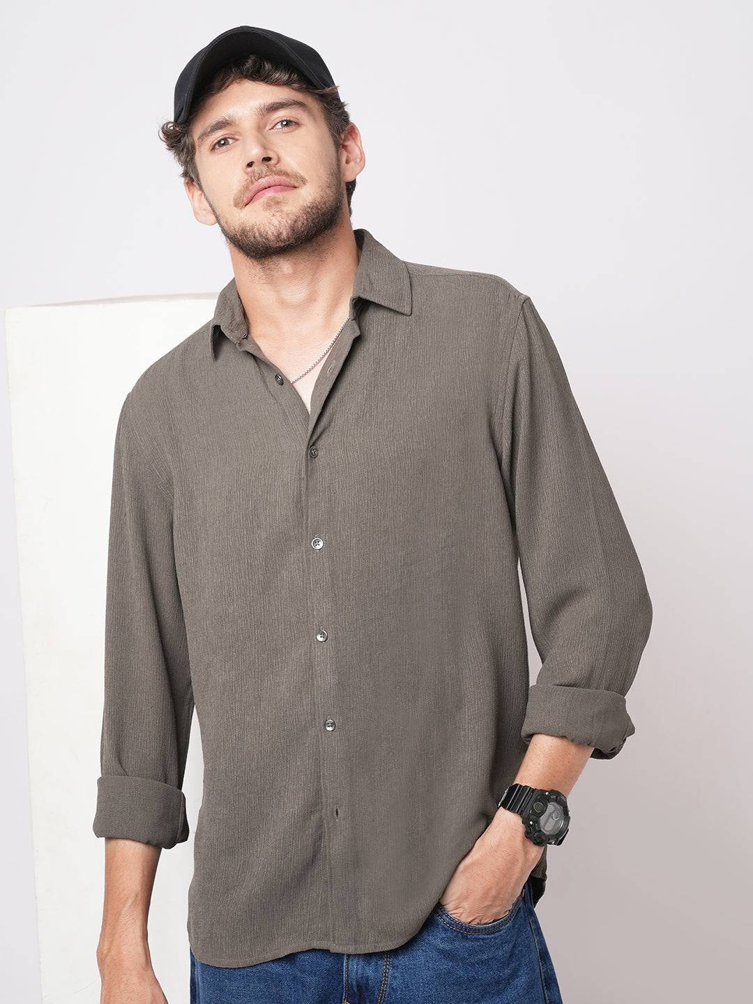 Crushed Warm Grey Crepe Shirt Buy only at ₹699