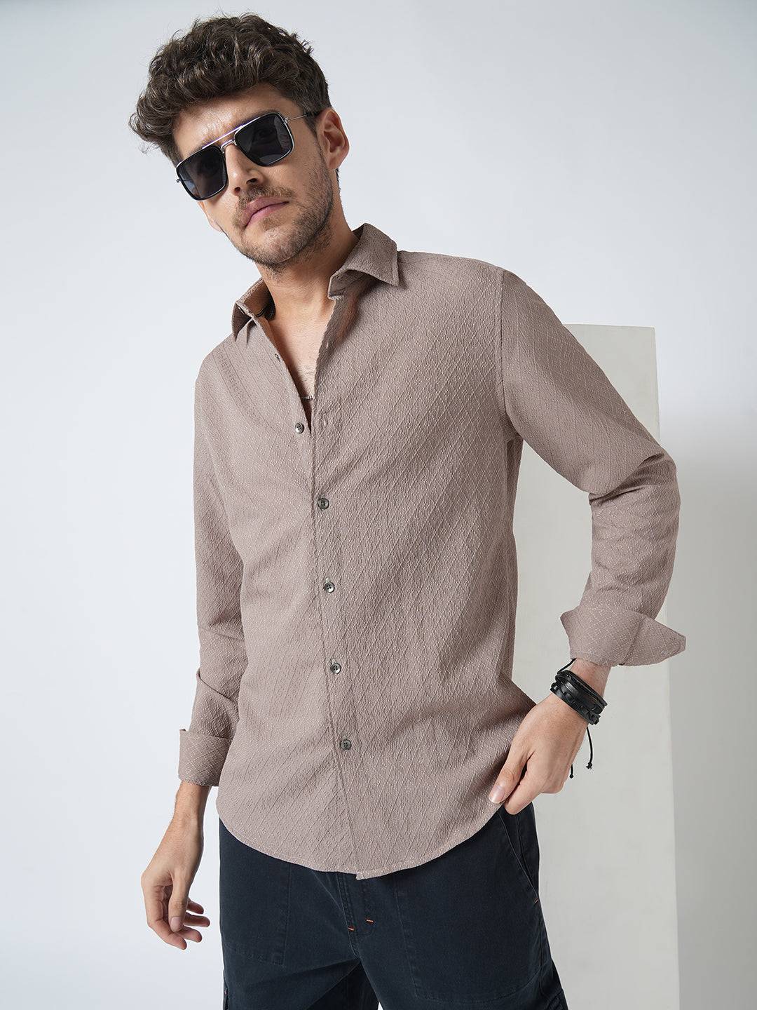 Chestnut Brown Diamond Textured Shirt Buy only at ₹759