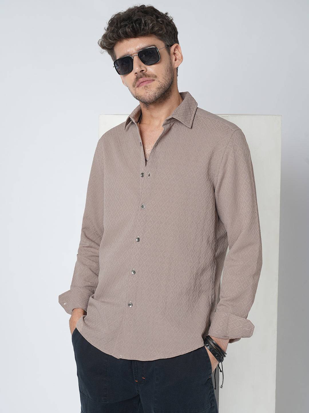 Chestnut Brown Diamond Textured Shirt Buy only at ₹759