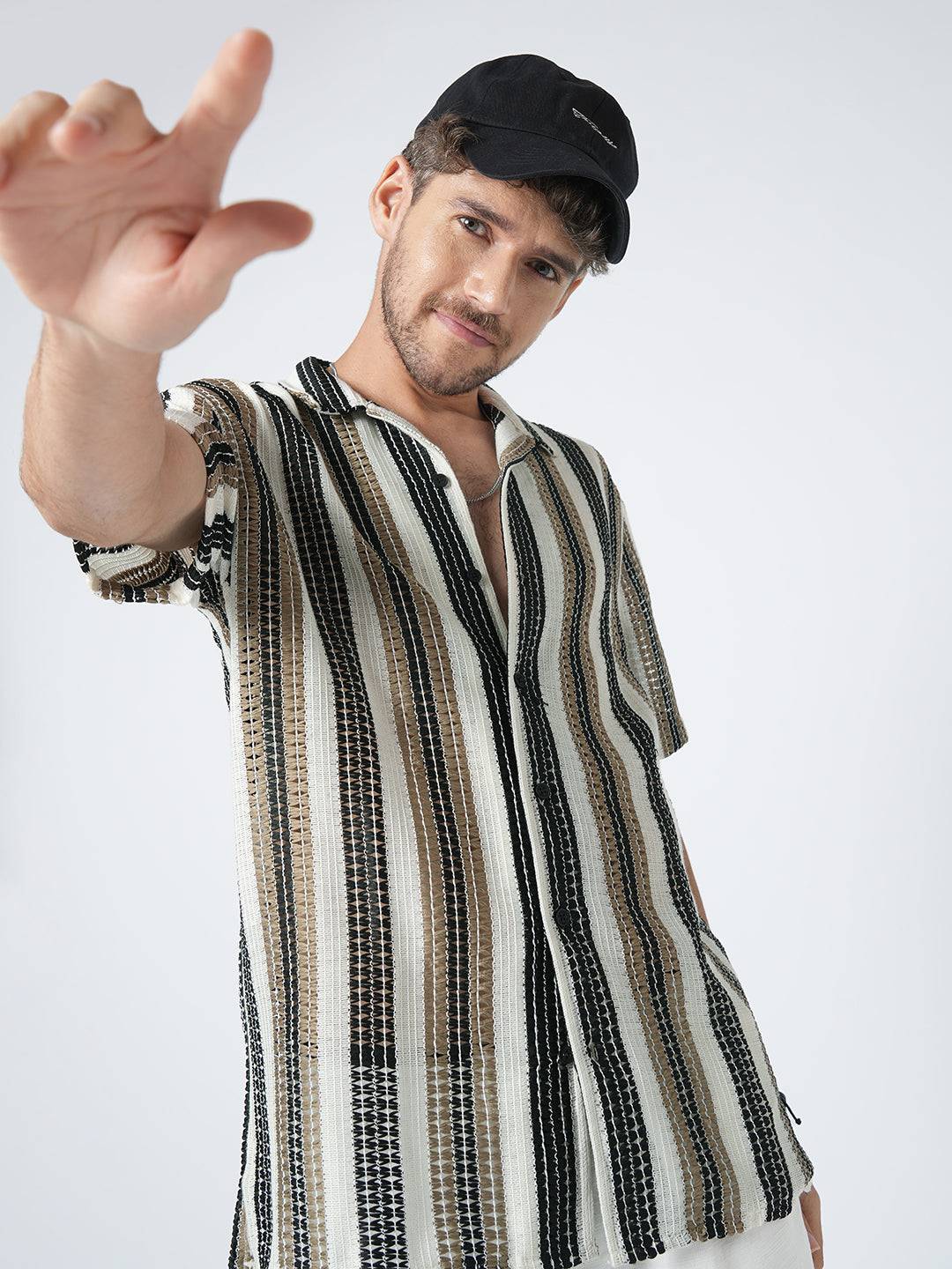 White Boho Weave Striped Crochet Oversized Shirt Buy only at ₹569