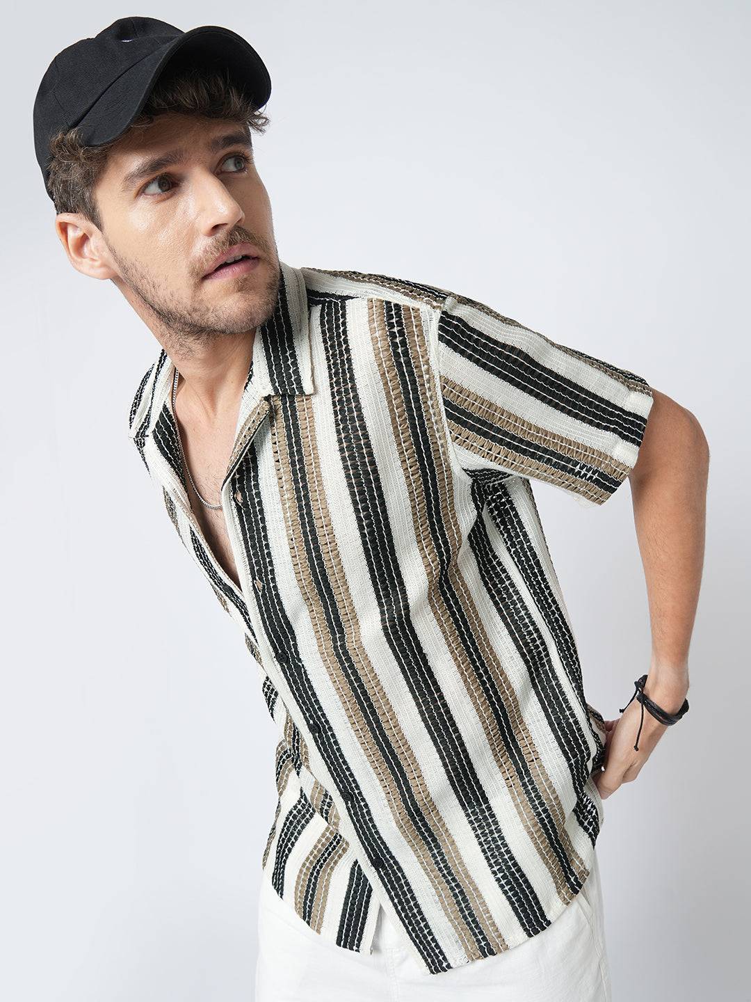 White Boho Weave Striped Crochet Oversized Shirt Buy only at ₹569