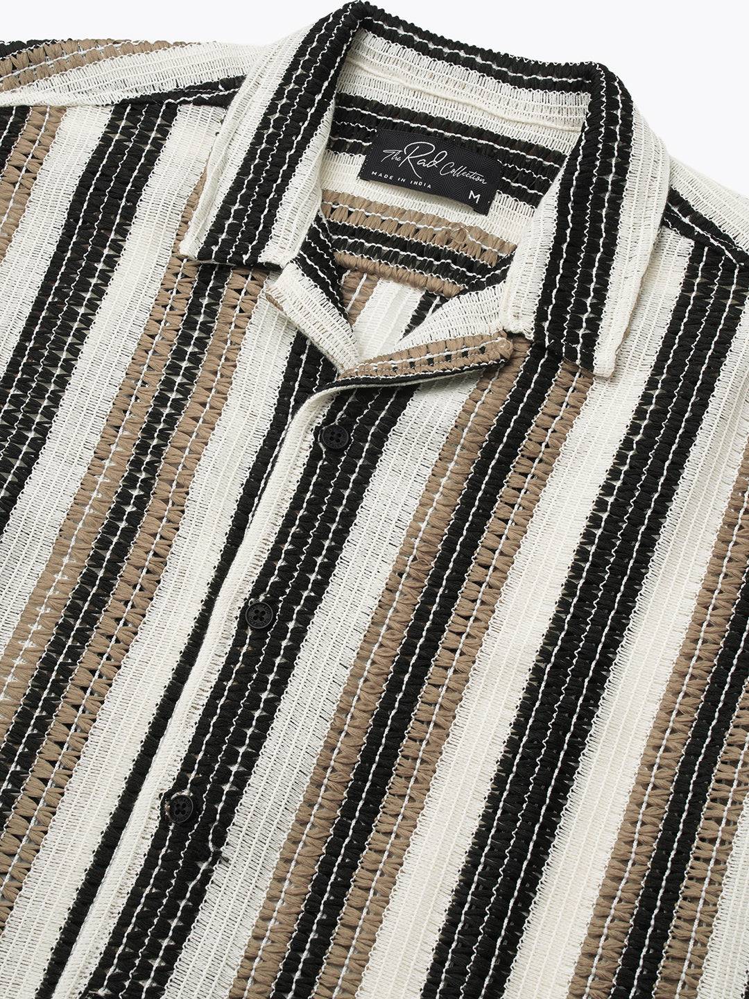 White Boho Weave Striped Crochet Oversized Shirt Buy only at ₹569