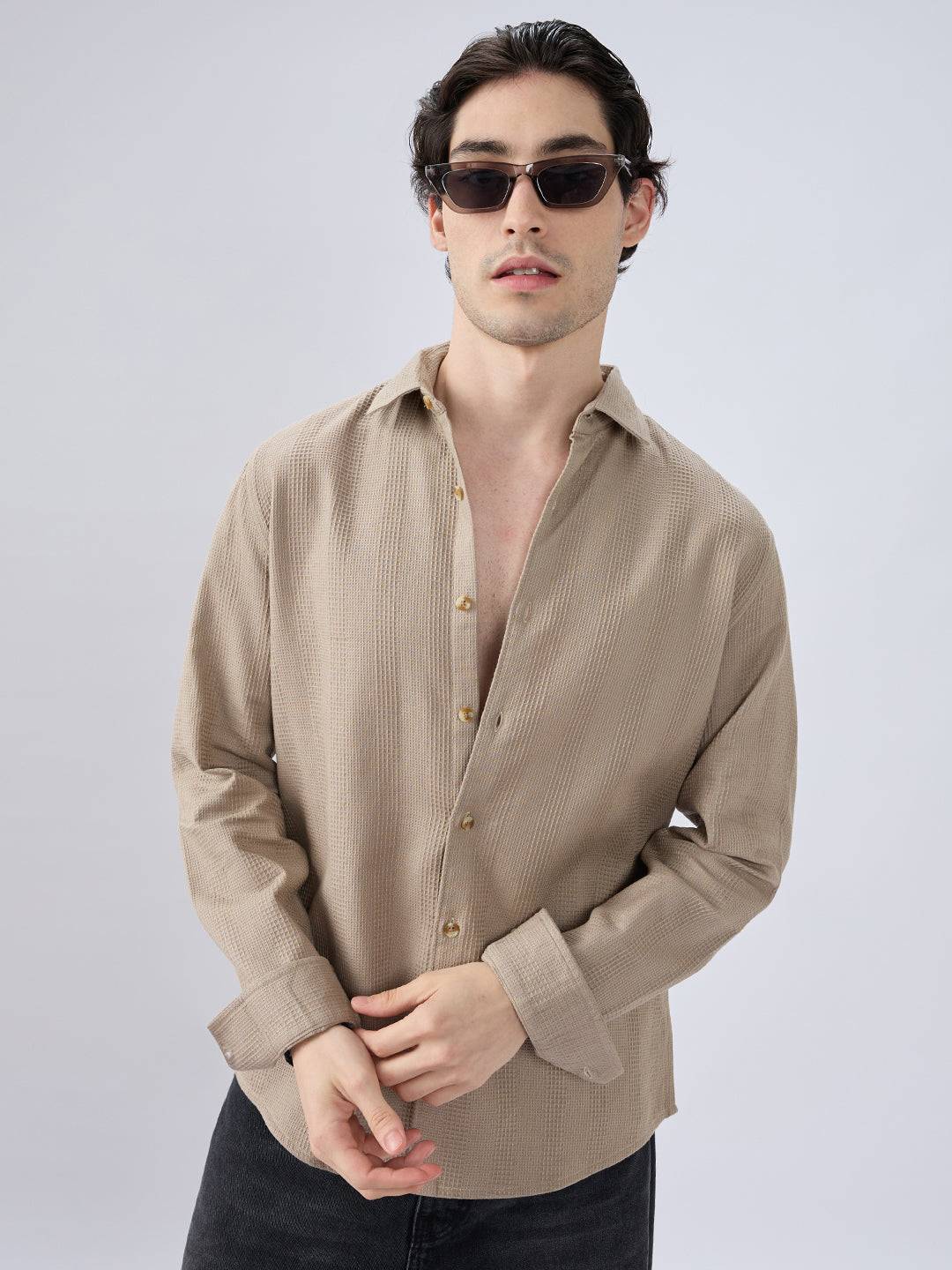 Dessert Beige Waffle Grid Weave Shirt Buy only at ₹759