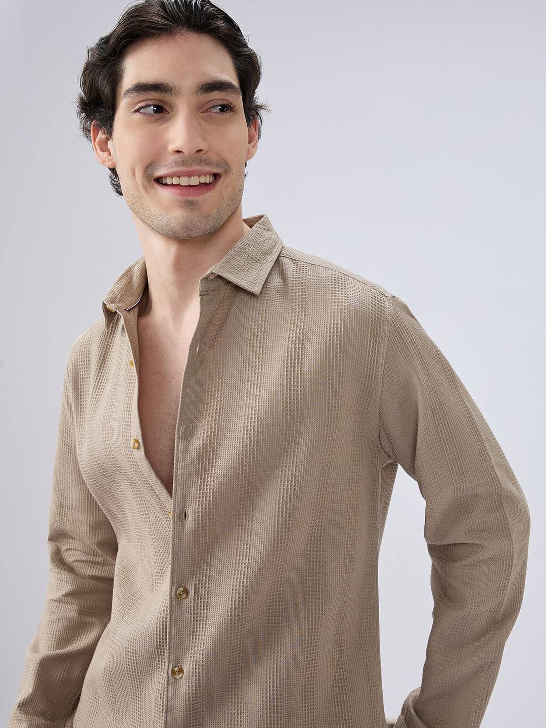 Dessert Beige Waffle Grid Weave Shirt Buy only at ₹759