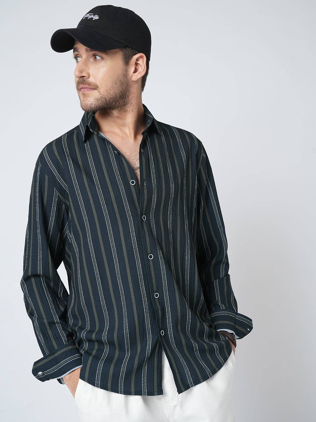 Navy & Olive Contrast Striped Crinkled Shirt Buy only at ₹659