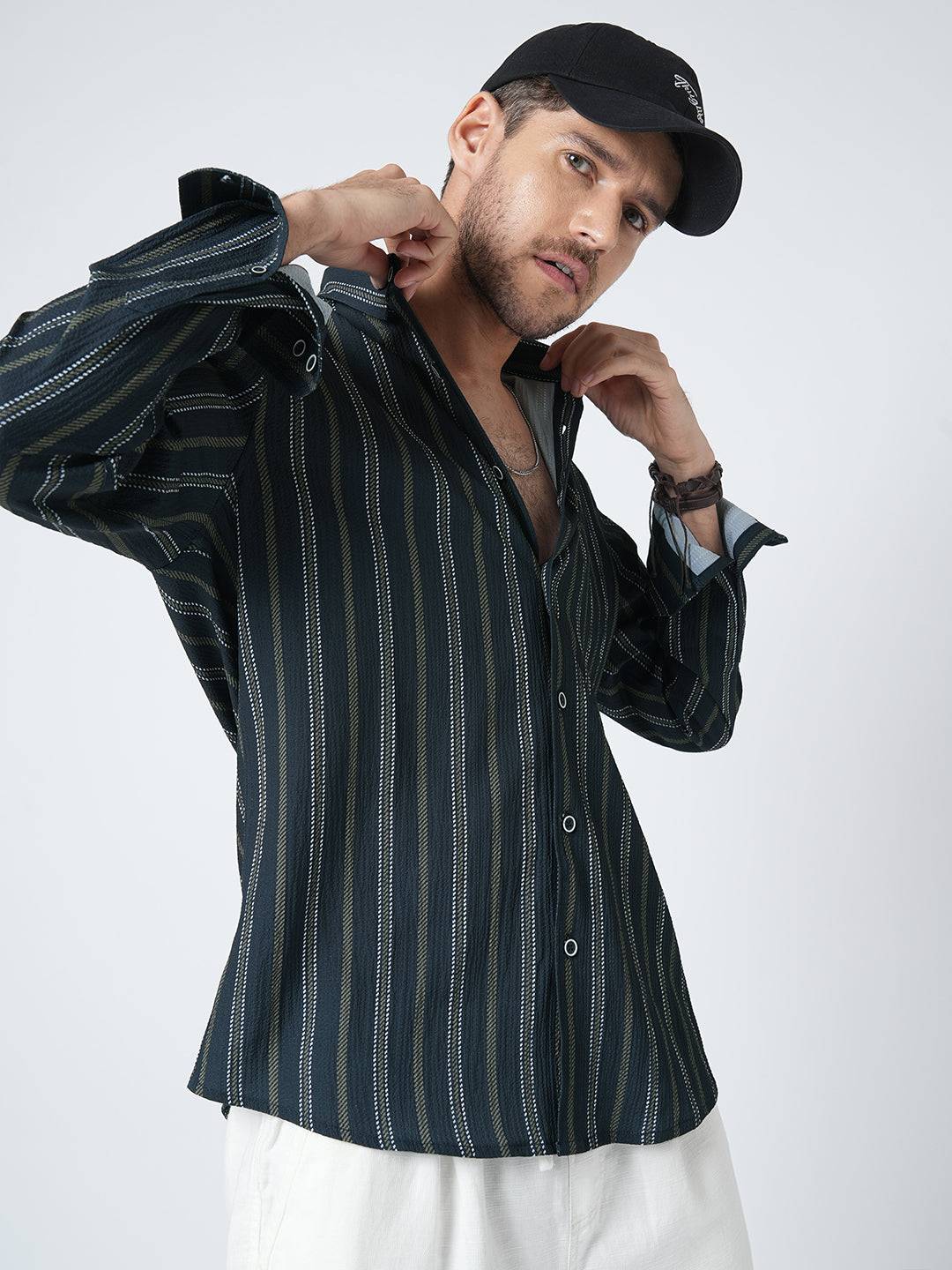 Navy & Olive Contrast Striped Crinkled Shirt Buy only at ₹659