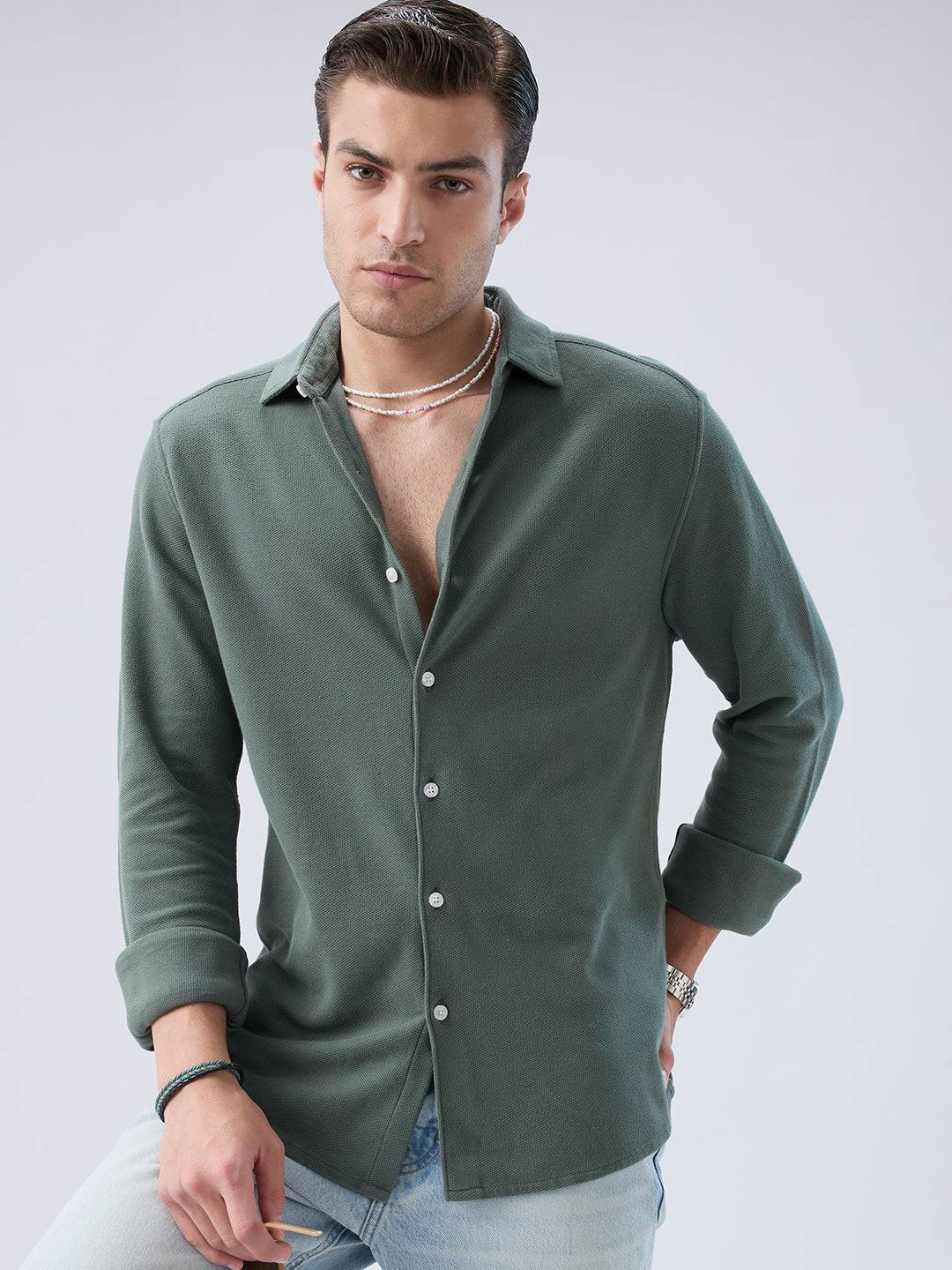 Forest Green Soft Weave Knit Shirt Buy only at ₹699