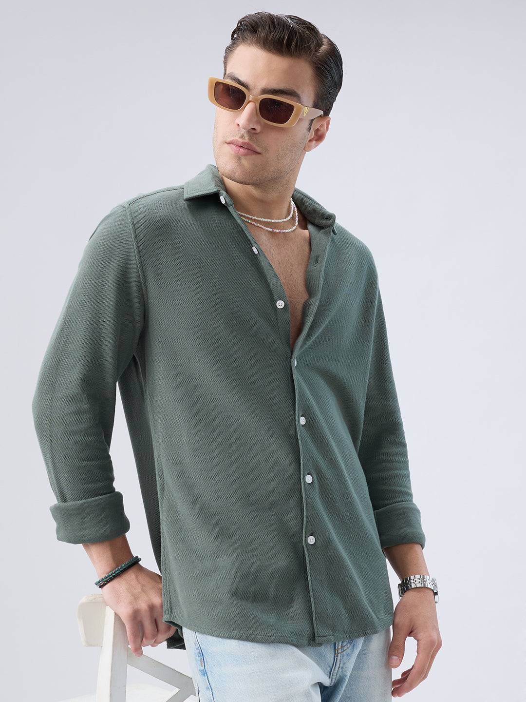 Forest Green Soft Weave Knit Shirt Buy only at ₹699
