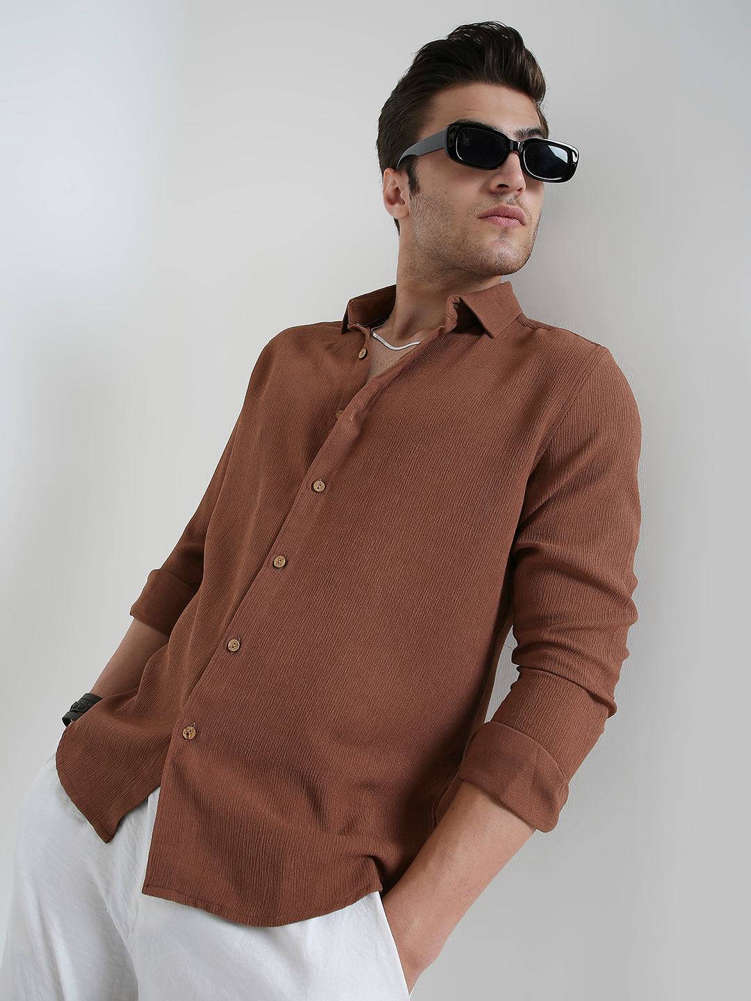 Russet Brown Crinkled Shirt Buy only at ₹699