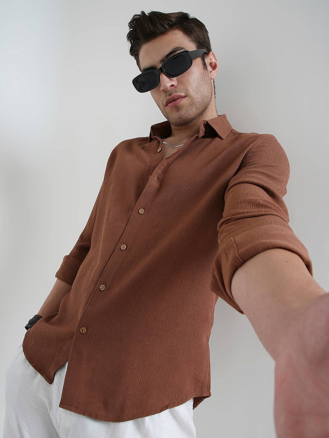 Russet Brown Crinkled Shirt Buy only at ₹699