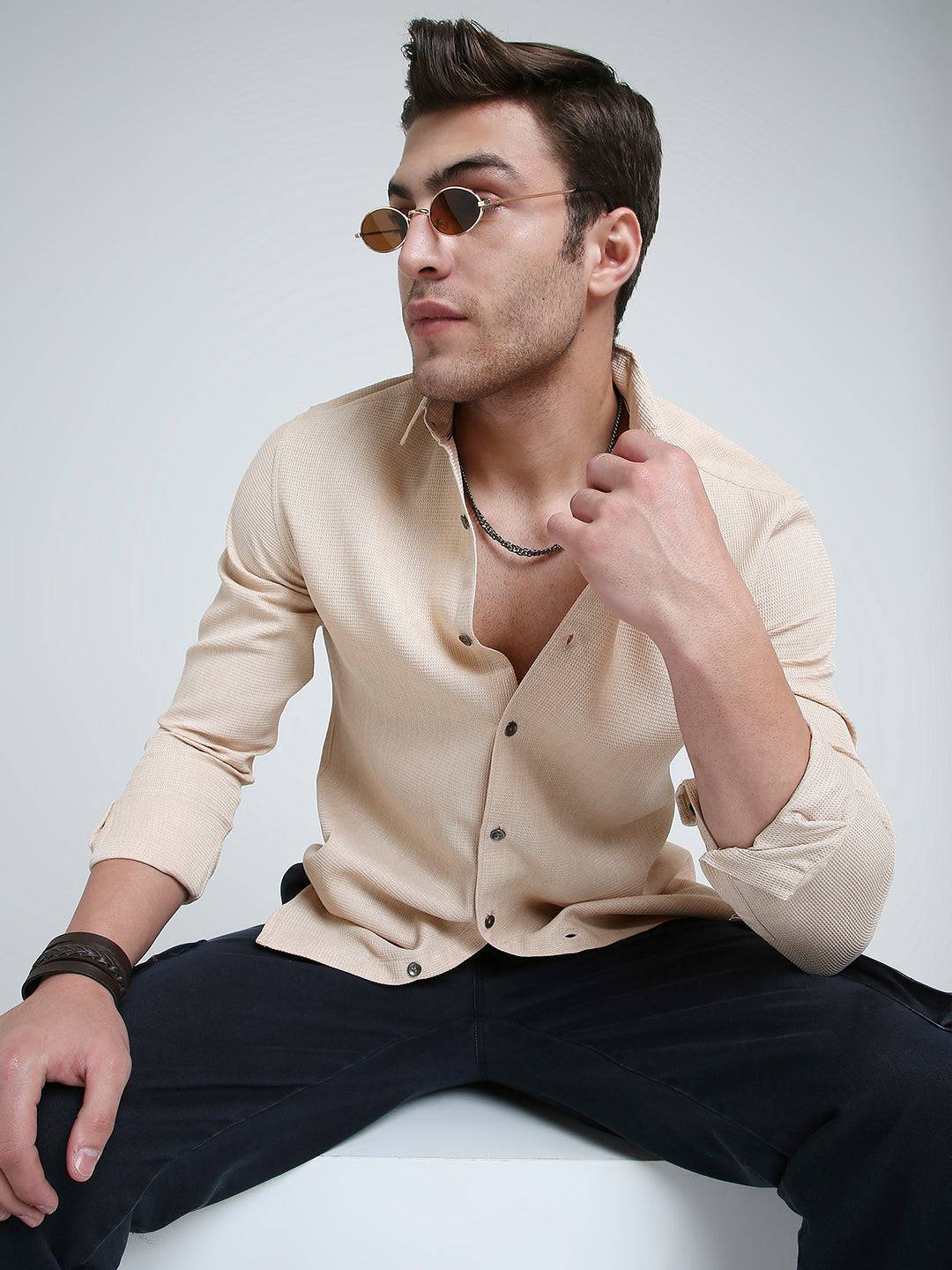 Sand Beige Micro Texture Shirt Buy only at ₹659