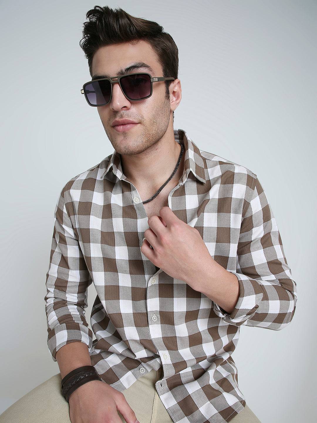 Mocha Brown & White Checkerboard Shirt Buy only at ₹759