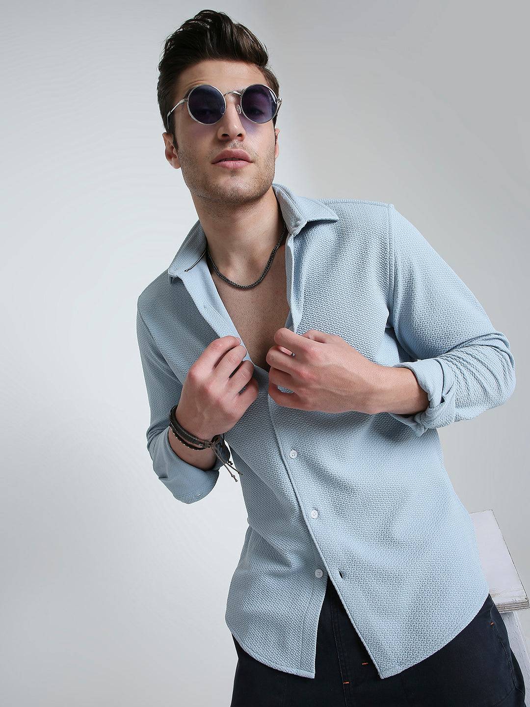 Serene Blue Subtle Textured Shirt Buy only at ₹659