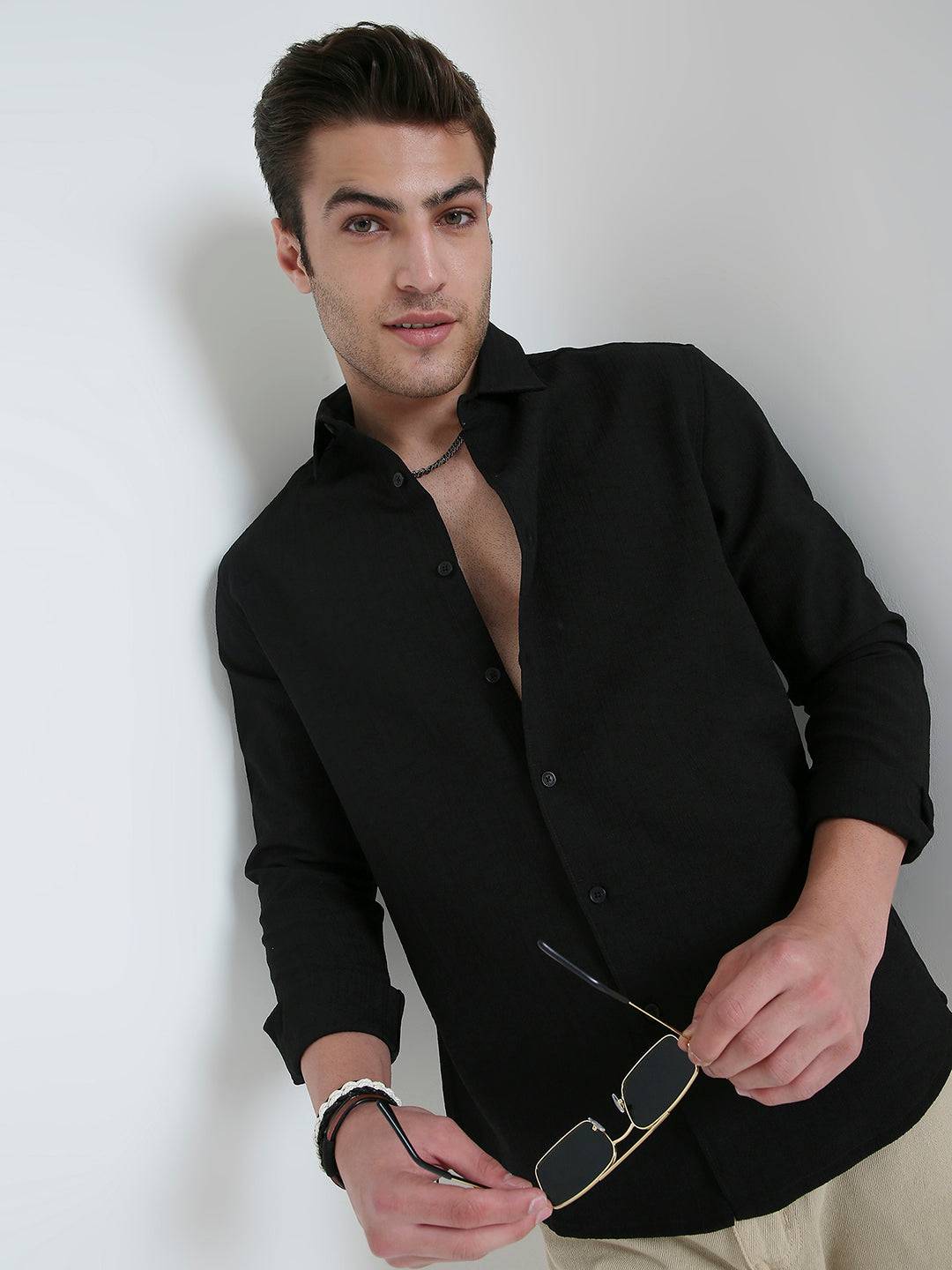 Onyx Black Refined Weave Shirt Buy only at ₹699