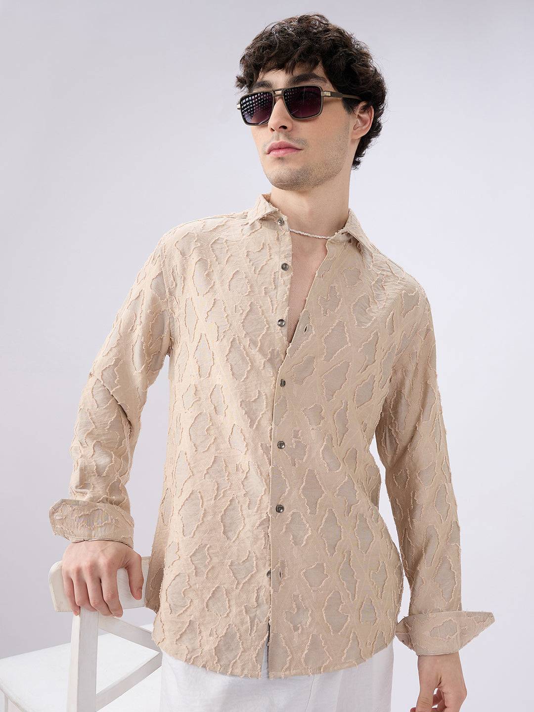Beige Lozenge Engraved Artisan Frayed Shirt Buy only at ₹799
