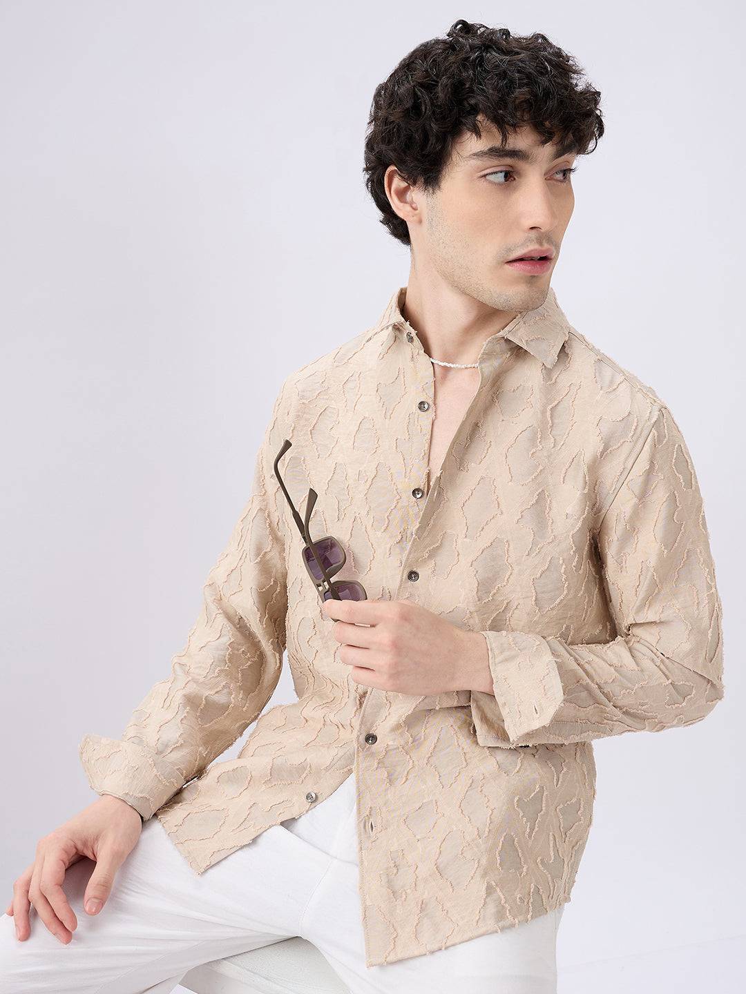 Beige Lozenge Engraved Artisan Frayed Shirt Buy only at ₹799