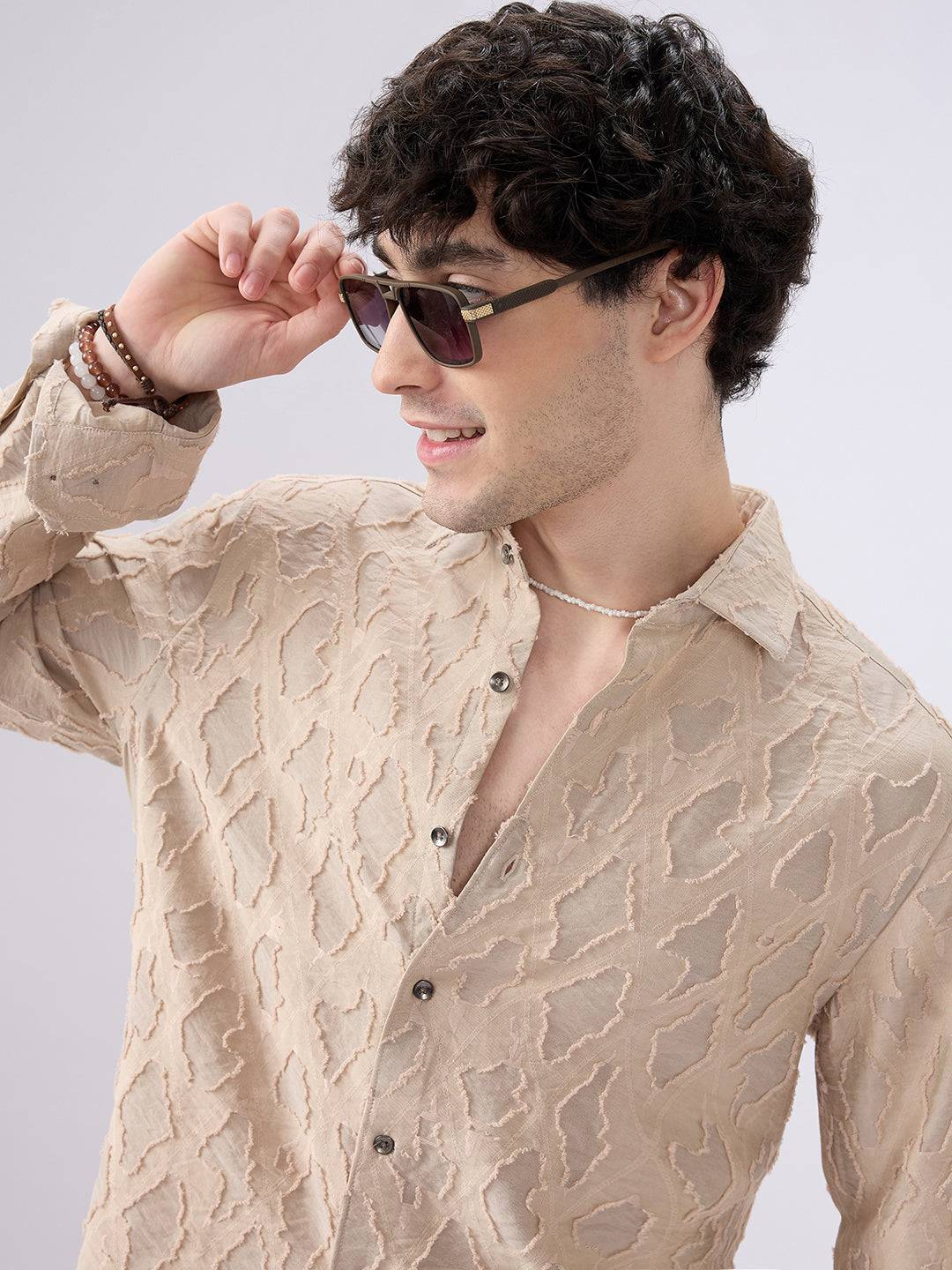 Beige Lozenge Engraved Artisan Frayed Shirt Buy only at ₹799