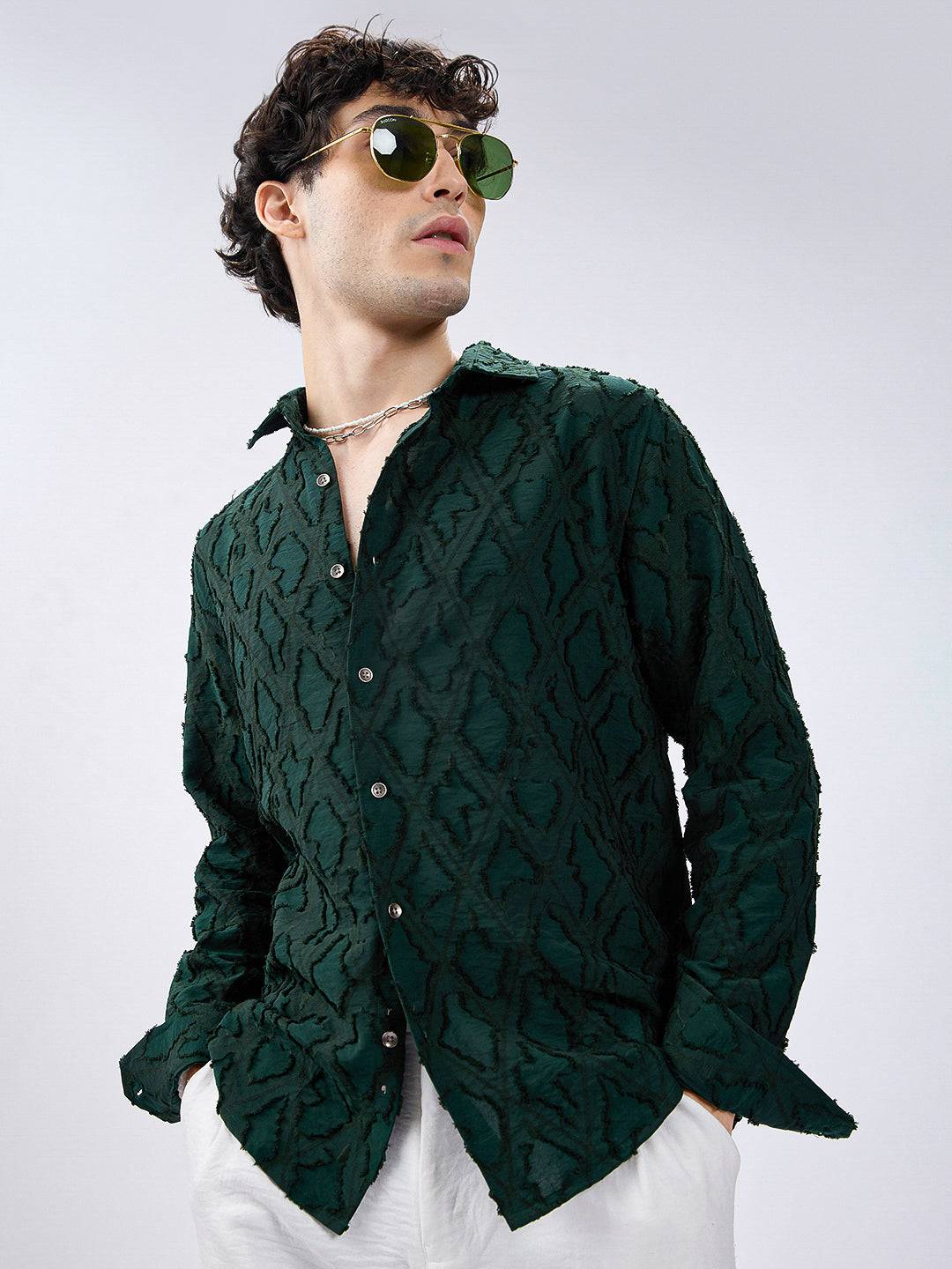 Emerald Green Lozenge Embossed Frayed Shirt Buy only at ₹799