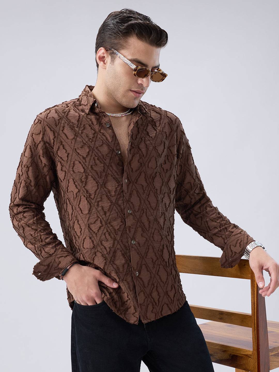 Rust Brown Geometric Detail Frayed Shirt Buy only at ₹799