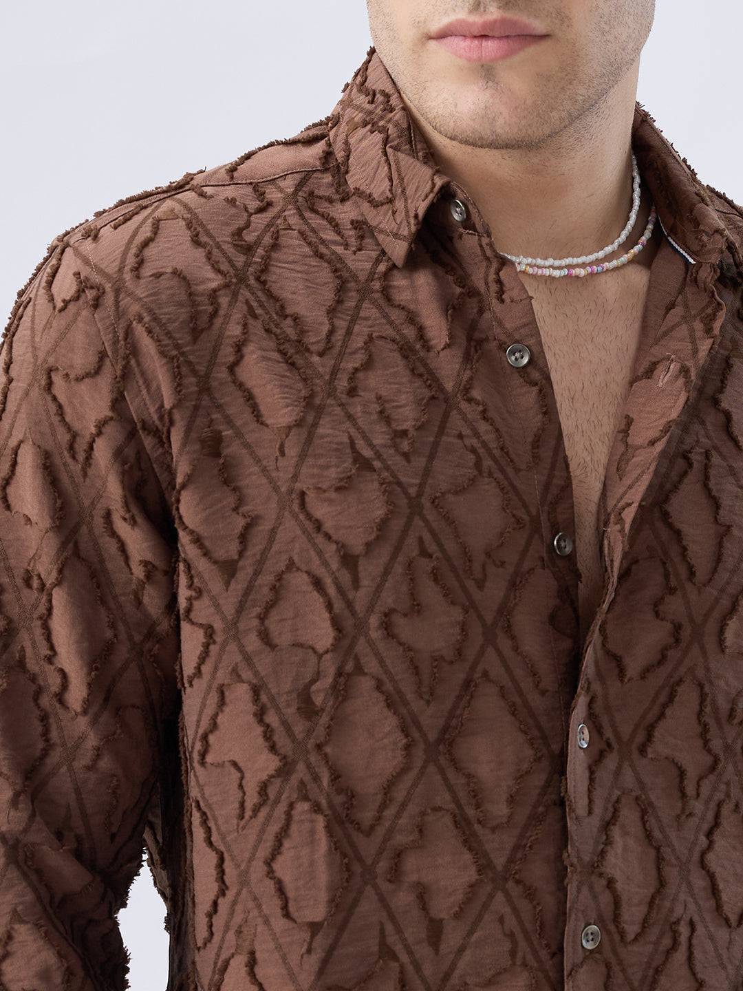 Rust Brown Geometric Detail Frayed Shirt Buy only at ₹799