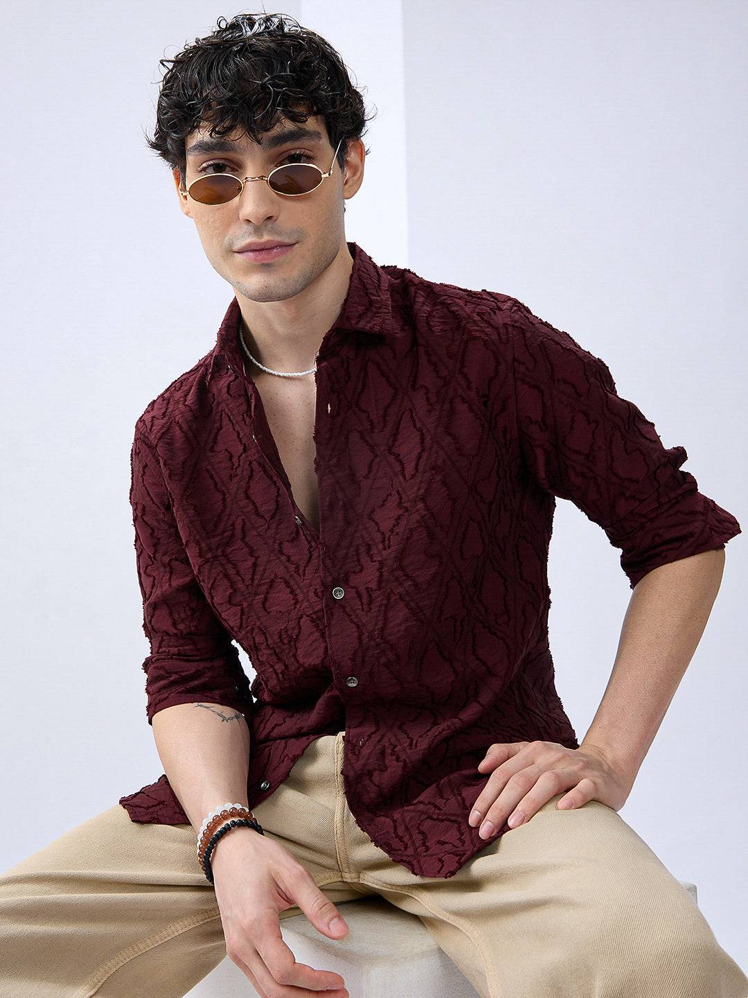 Maroon Mirage Lozenge Sculpted Frayed Shirt Buy only at ₹799