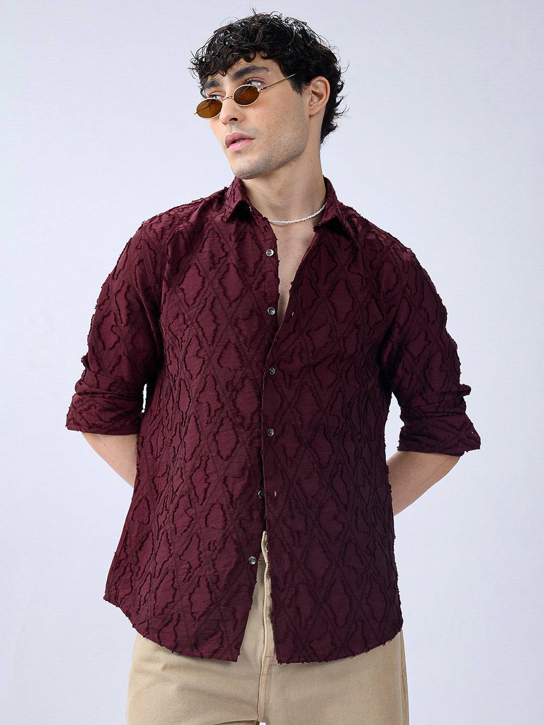 Maroon Mirage Lozenge Sculpted Frayed Shirt Buy only at ₹799