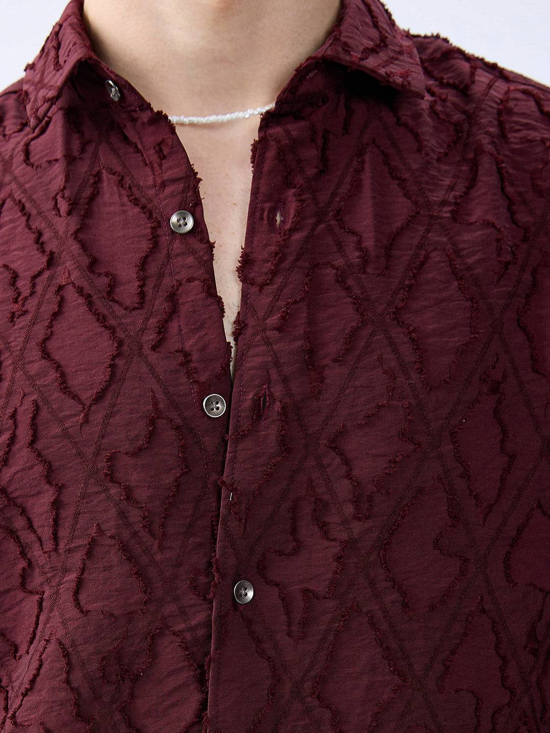 Maroon Mirage Lozenge Sculpted Frayed Shirt Buy only at ₹799