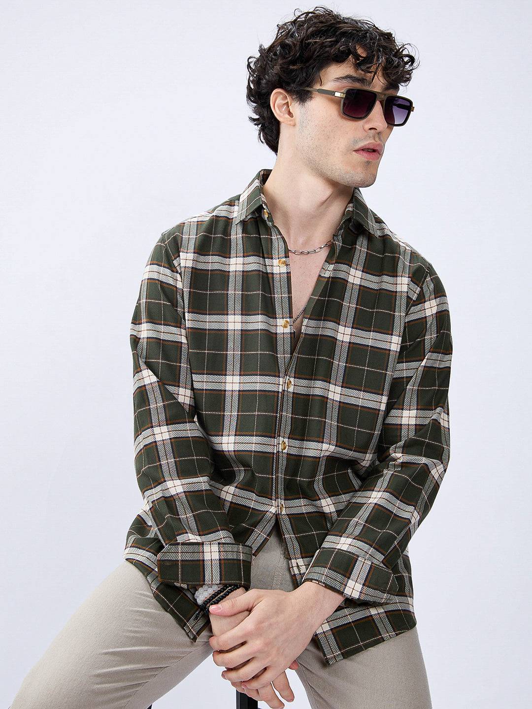 Premium Cotton Rustic Olive Green Frame Grid Checks Shirt Buy only at ₹799