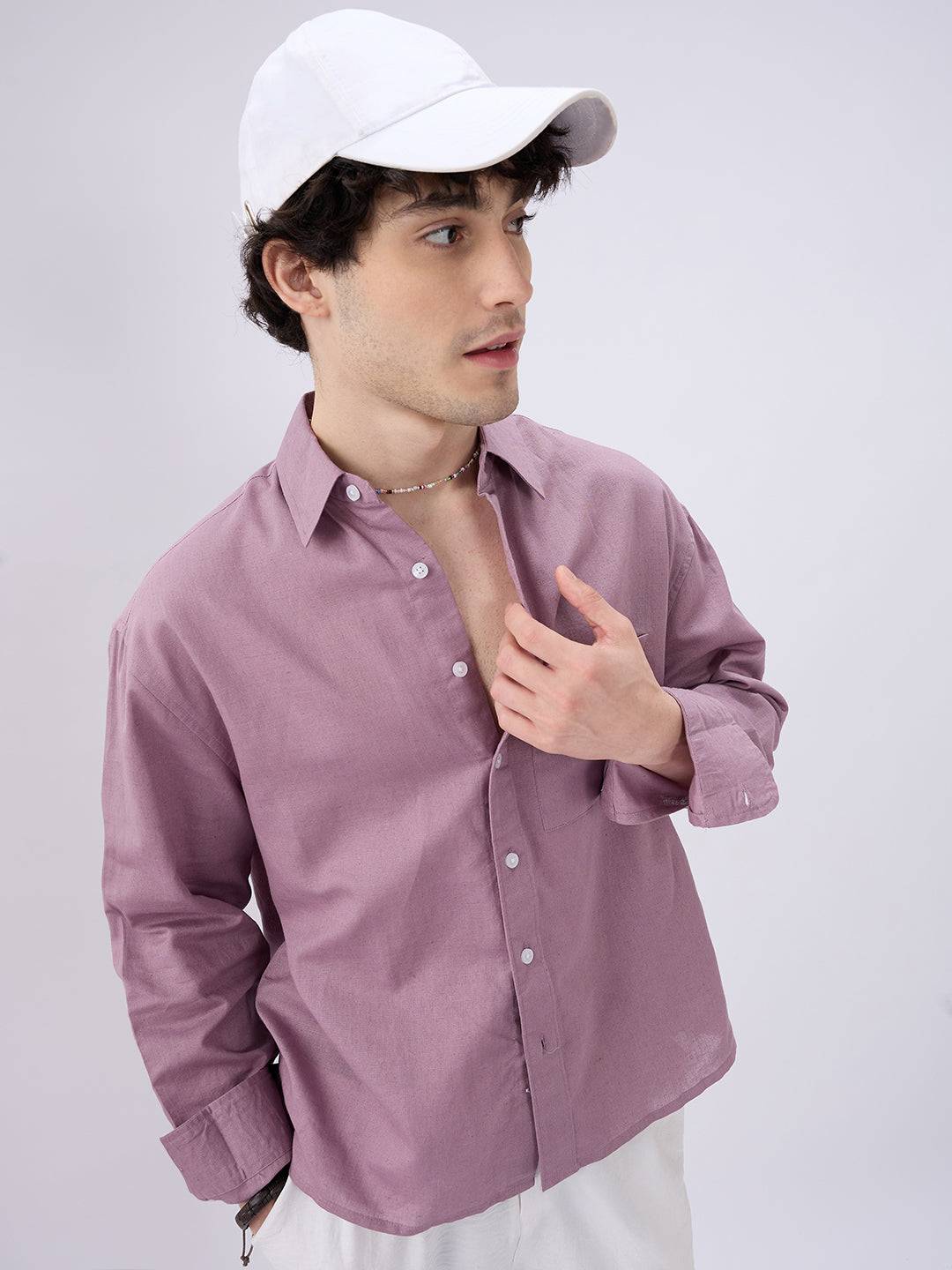 Dusty Mauve Linen Luxe Boxy Fit Crop Shirt Buy only at ₹859