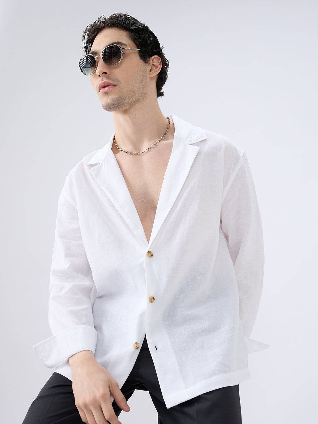Whiteout Linen Notched Lapel Collar Oversized Shirt Buy only at ₹859
