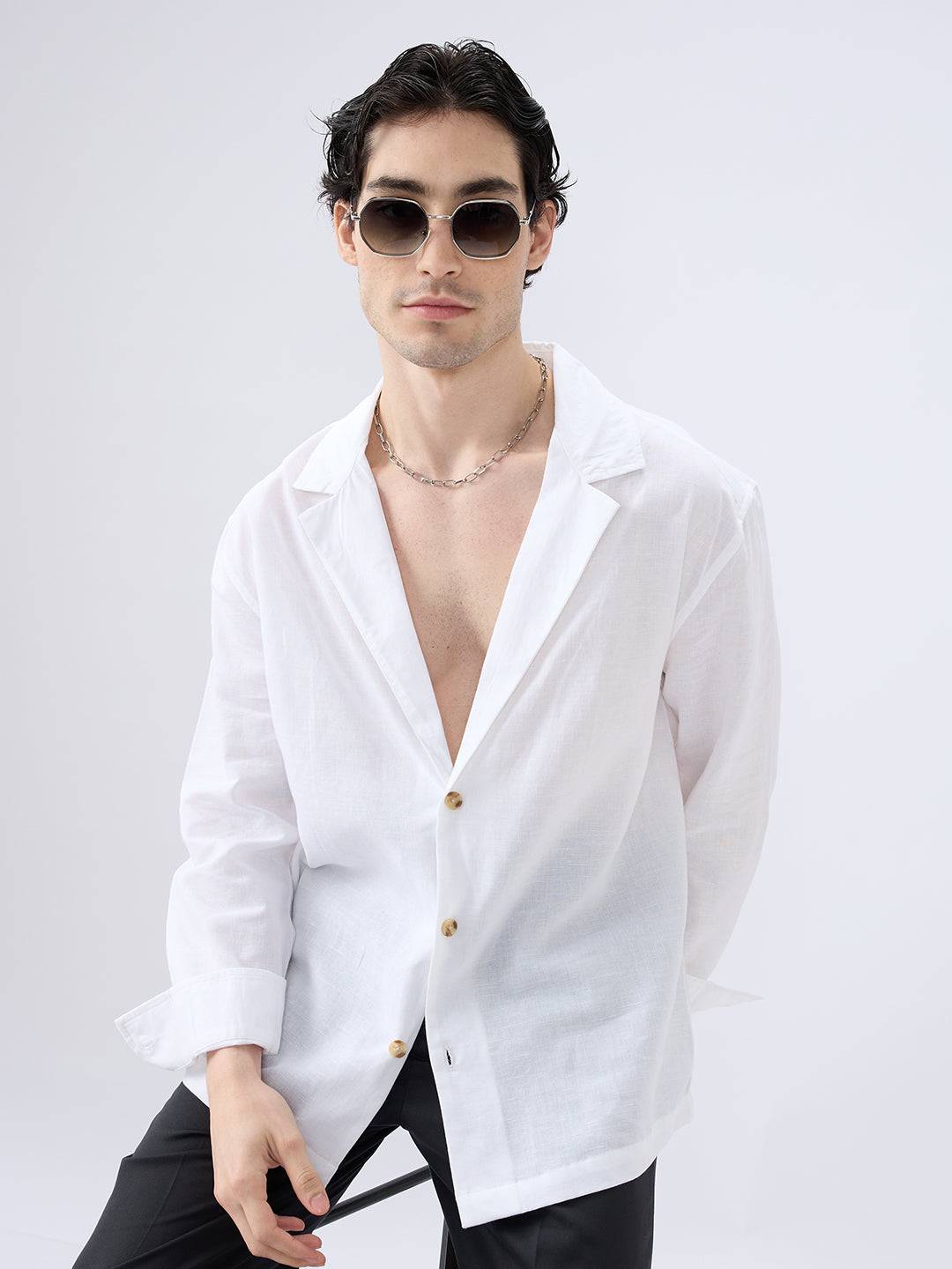 Whiteout Linen Notched Lapel Collar Oversized Shirt Buy only at ₹859