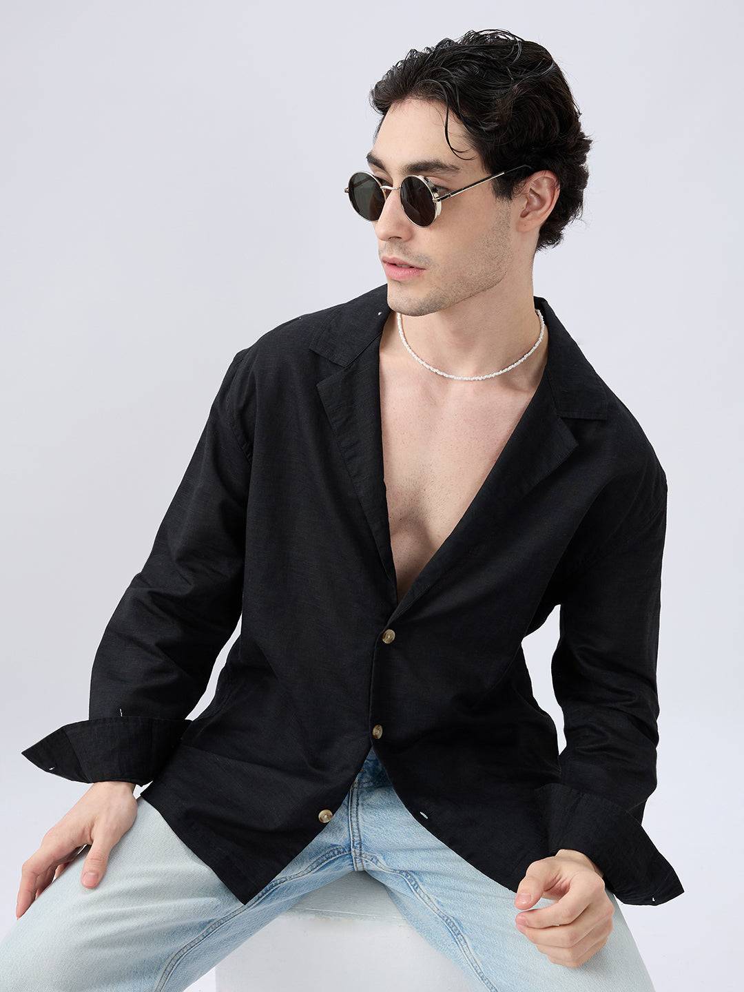 Refined Black Luxe Linen Lapel Collar Oversized Shirt Buy only at ₹859