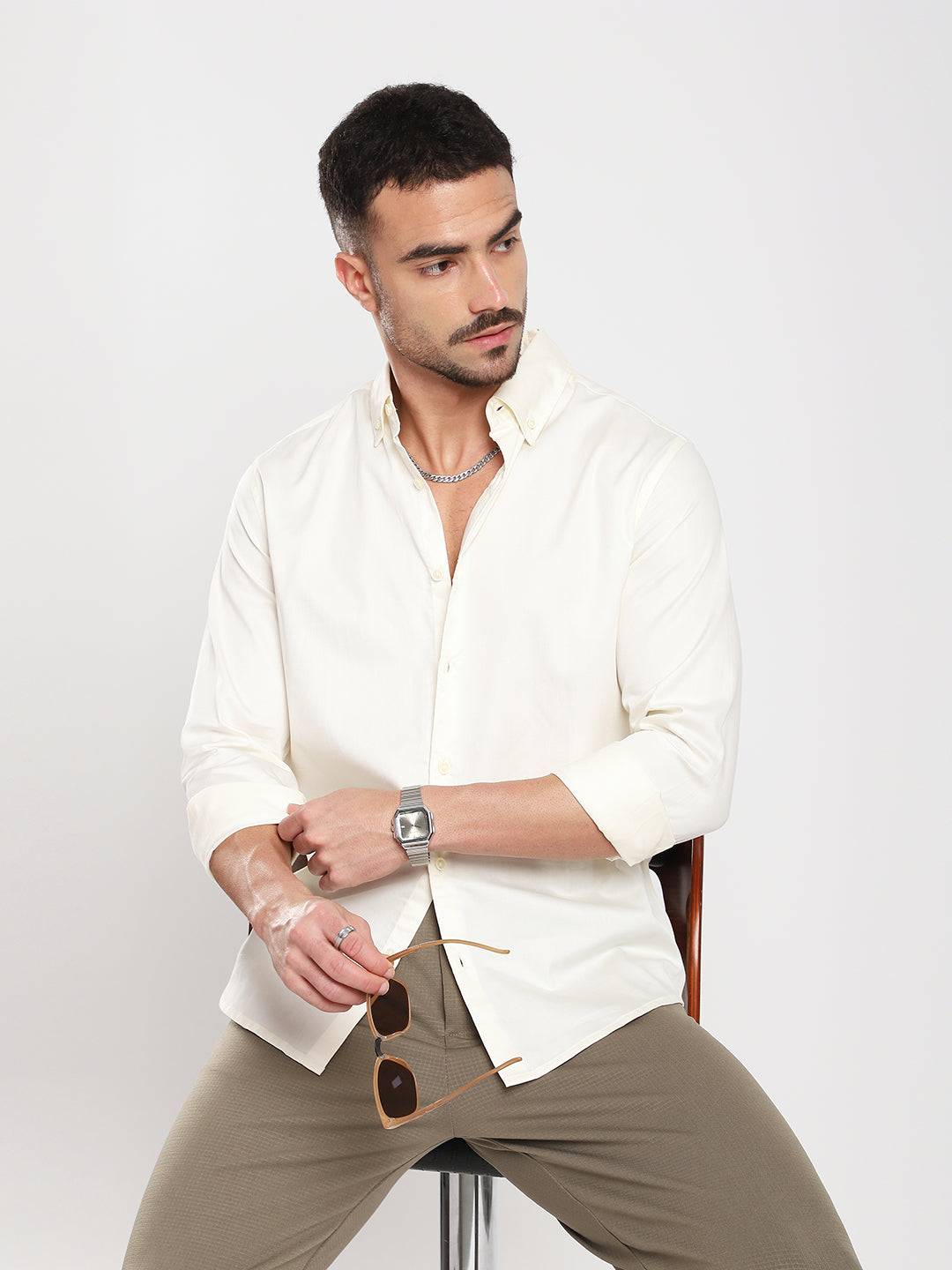 Morning Mist Satin Button-Down Collar Cream Shirt Buy only at ₹759