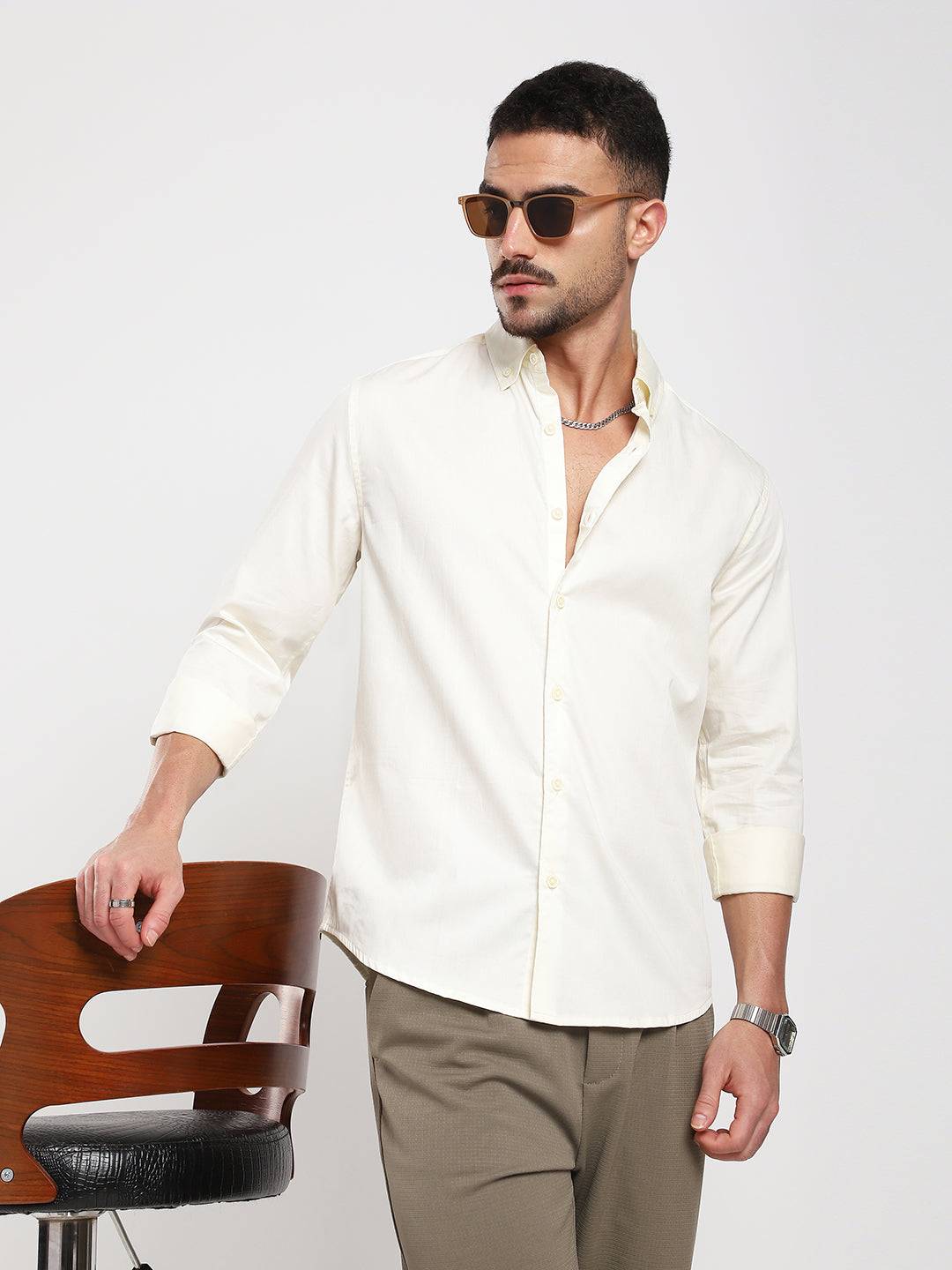 Morning Mist Satin Button-Down Collar Cream Shirt Buy only at ₹759