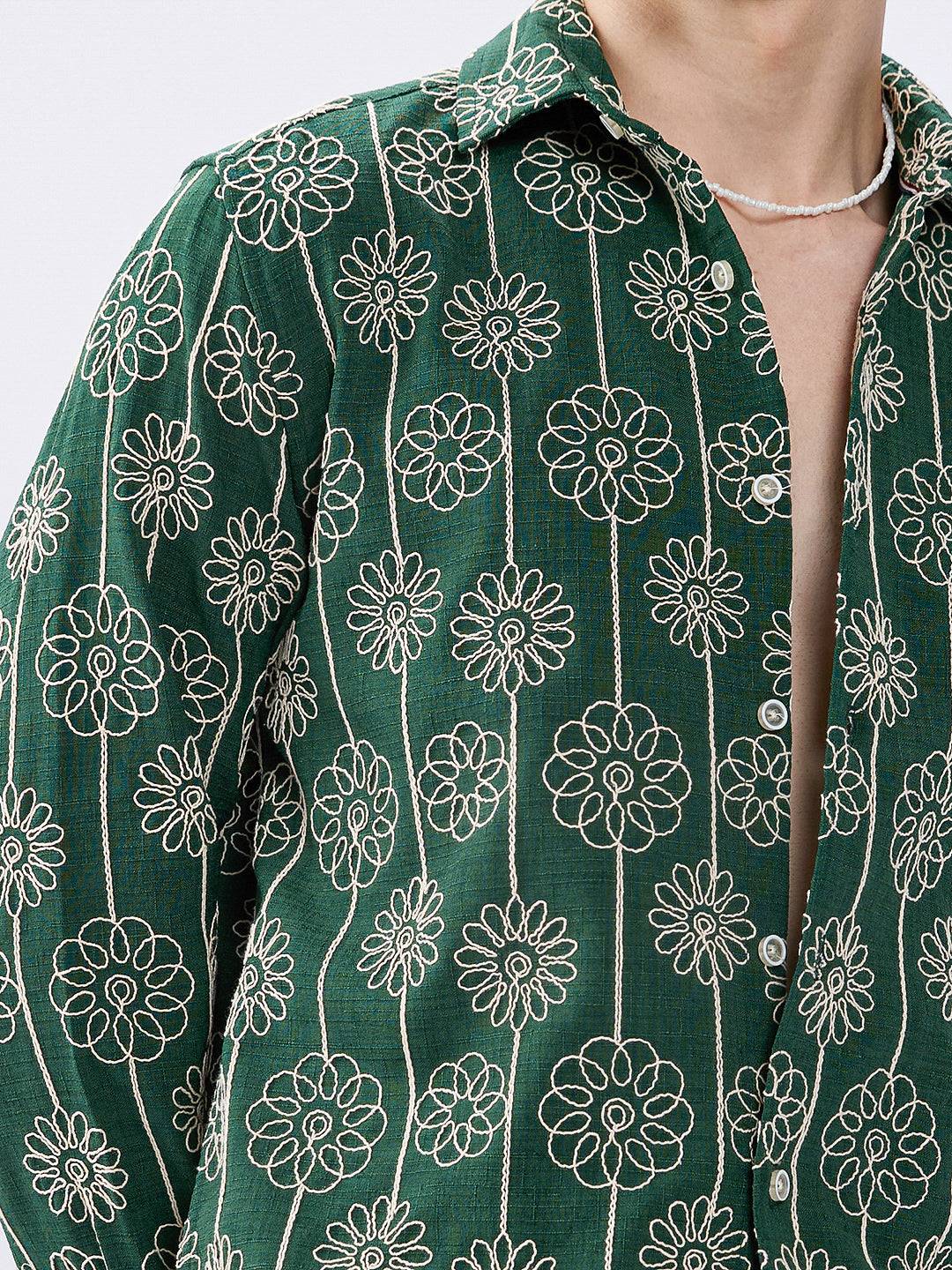 Green Baroqued Floral Loom Contrast Embroidery Shirt Buy only at ₹799